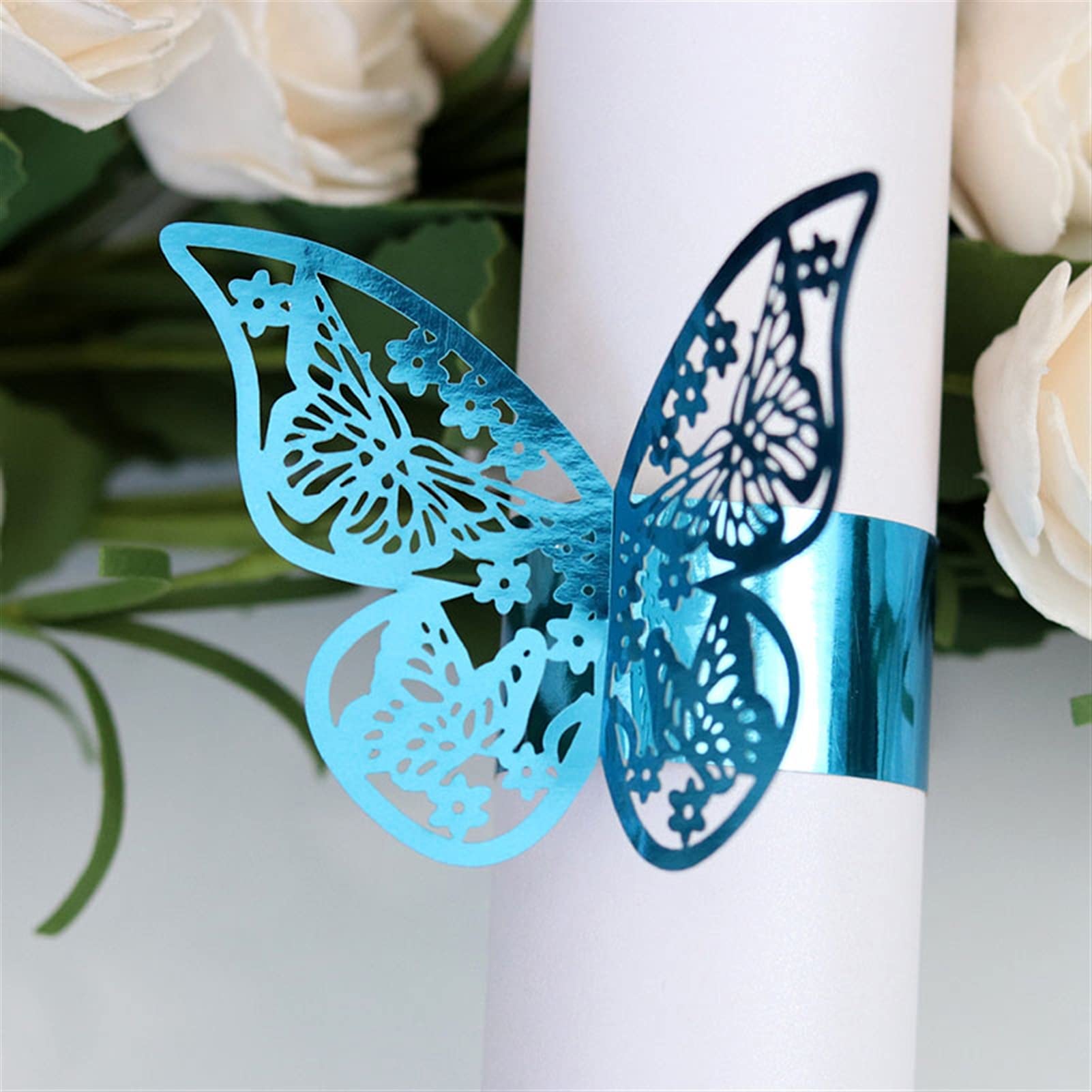 Serviettenringe, 50 Stück, 10 Farben, Schmetterlings-Stil, geschnittene Papierrirviettenhalter, Hotel, Geburtstag, Hochzeit, Weihnachten, Party, Gastgeschenk, Tischdekoration (Farbe: Blau 1)