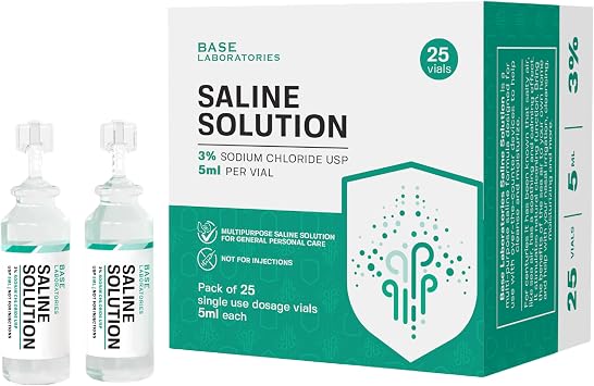BASE LABORATORIES 3% Saline Solution Vials - Versatile 3% Sodium Chloride Saline Ampoules - Preservative Free Saline Solution Single use vials - USP Grade 25 Vials x 5ml Count