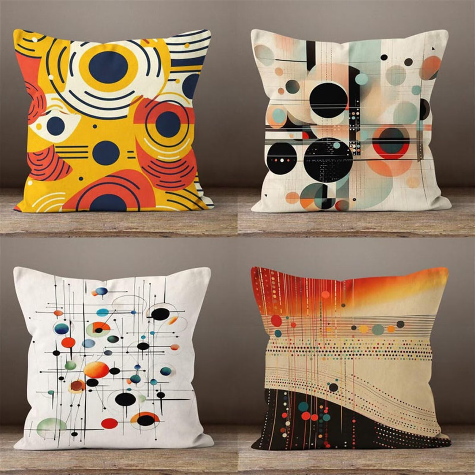 Housse de coussin 45x45 cm lot de 4 en lin avec motifs points jaunes noirs