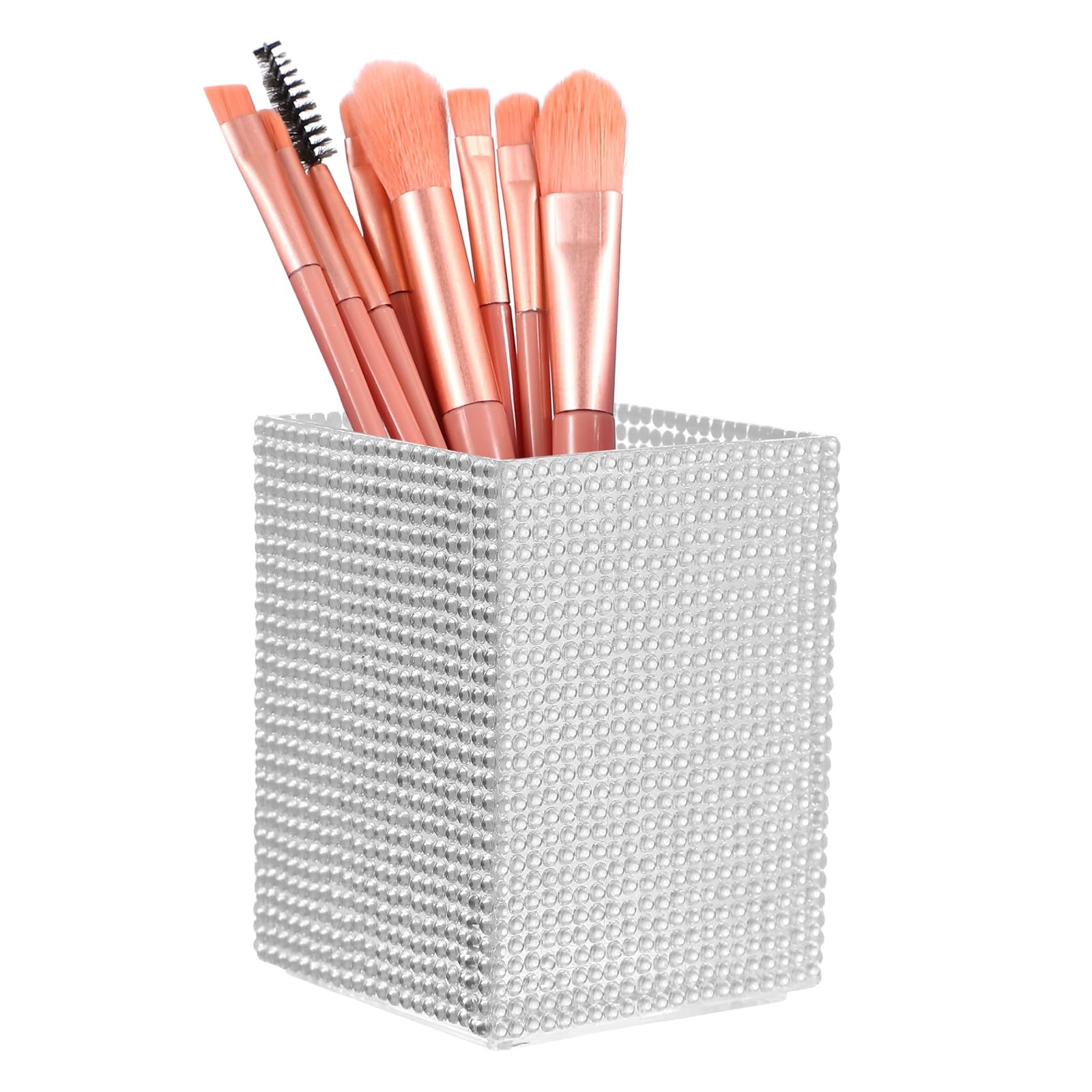 sourcing map Crystal Makeup Brush Holder Storage Box Square Pencil Case, 2.6x2.6x3.5inch Multifunctional Rhinestone Pen Holder Nail Art Tool Holder for Home Office Studio, White