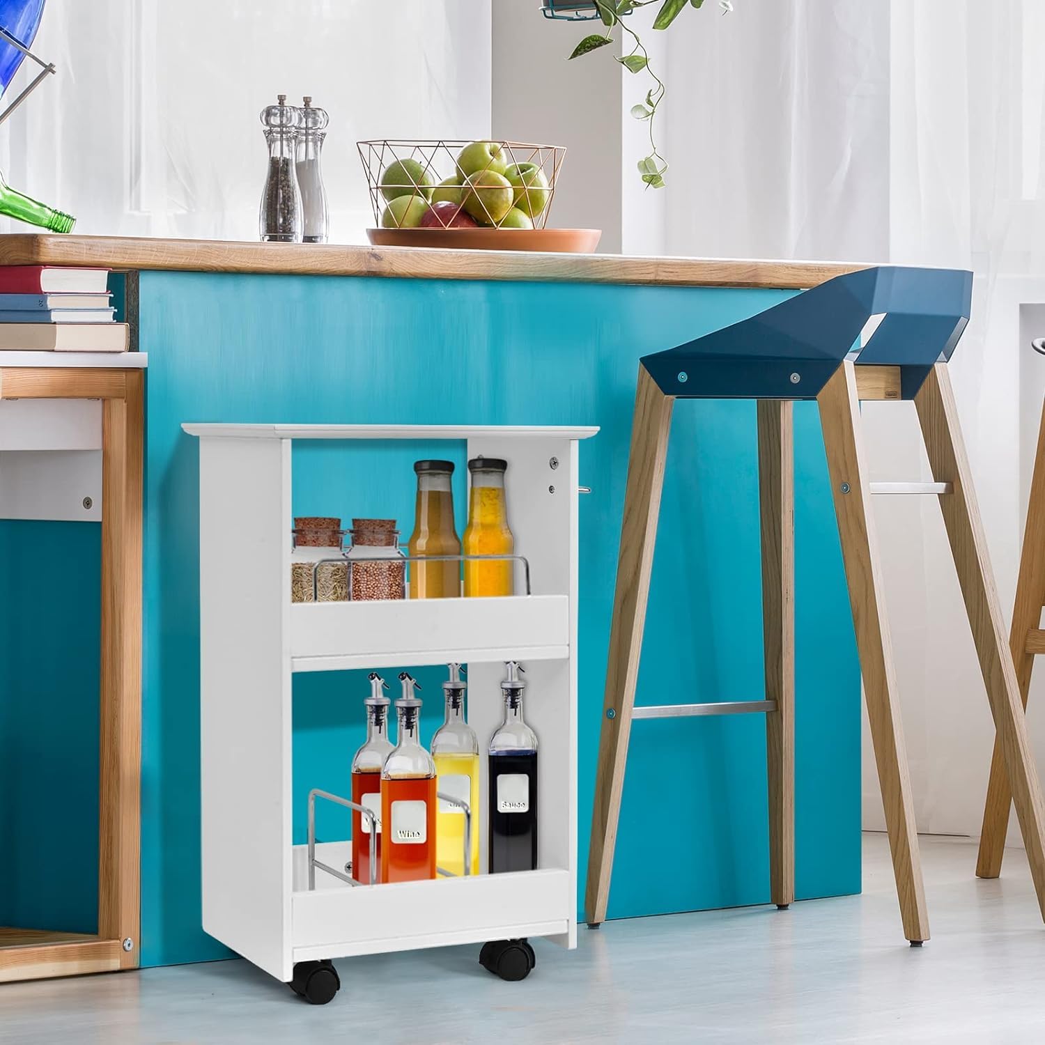 GOPLUS Chariot de Salle de Bain Mince, Meuble de Rangement à roulettes avec 2 étagères, Roue Verrouillable, Porte-Serviettes, pour Cuisine, Salle de Bain, 46x20x65cm, Blanc