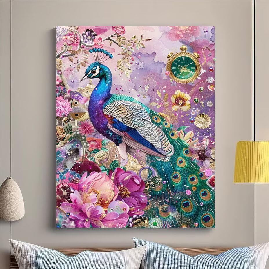 Diamond Art Cristal Point de Croix Paon et Fleurs pour Tableau Mural