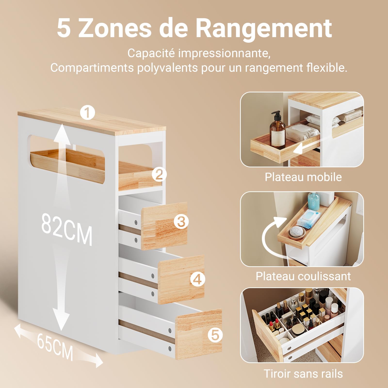 SoBuy Meuble Salle de Bain Rangement - Petit Meuble Toilette Colonne Étroite à Roulettes, 3 Tiroirs avec Plateau en Hévéa Gain de Place pour WC et Cuisine Blanc et Couleur Bois 65x23x82cm BZR54-III-WN