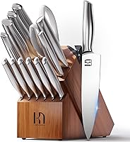 14-Piece Japanese High Carbon Stainless Steel Knife Block Set with Built-in Sharpener & Acacia Wood Block - Razor Sharp