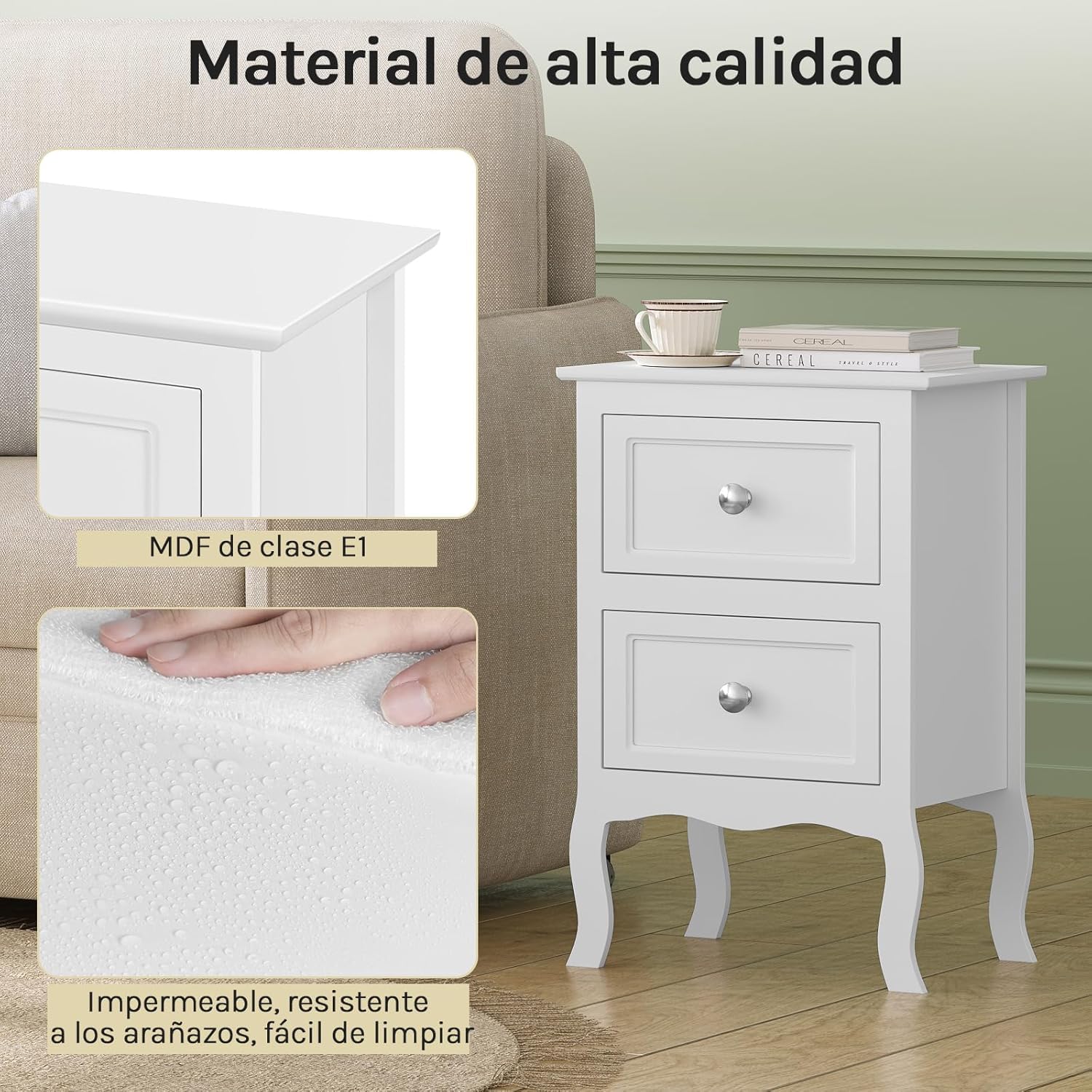 WOLTU Mesitas de Noche Mesilla Auxiliar Sofá Mueble con Espacio de Almacenamiento Mesa para Cama Café Dormitorio con 2 Cajones 40x30x60cm Blanco MDF TS119ws