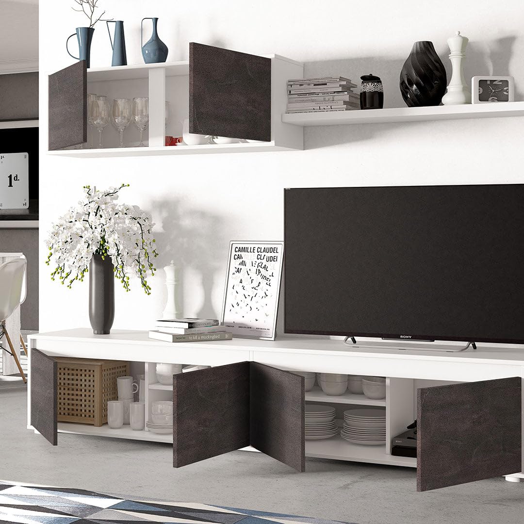 Habitdesign, Moderne Wohnwand mit TV-Schrank in Artik weiß und Rost, Wohnzimmermöbel mit Stauraum, Maße: 200 x 43 x 41 cm (B x H x T), Modell Alida