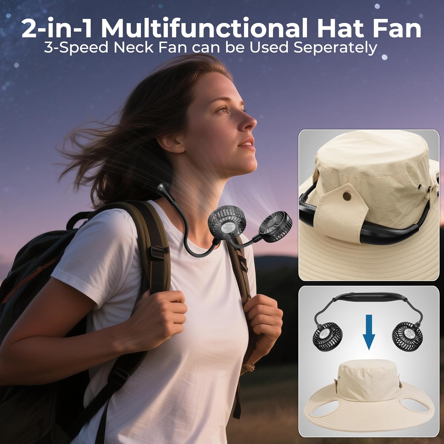 AMACOOL 2-in-1 Hands-free Hat Fan with Detachable Neck Fan, UPF 50+ Wide Brim Sun Hat, 3-Speed Adjustable, 2600mAh Rechargeable Fishing Essentials for Men Women Camping Travel Delivery Outdoor-Khaki - Image 6