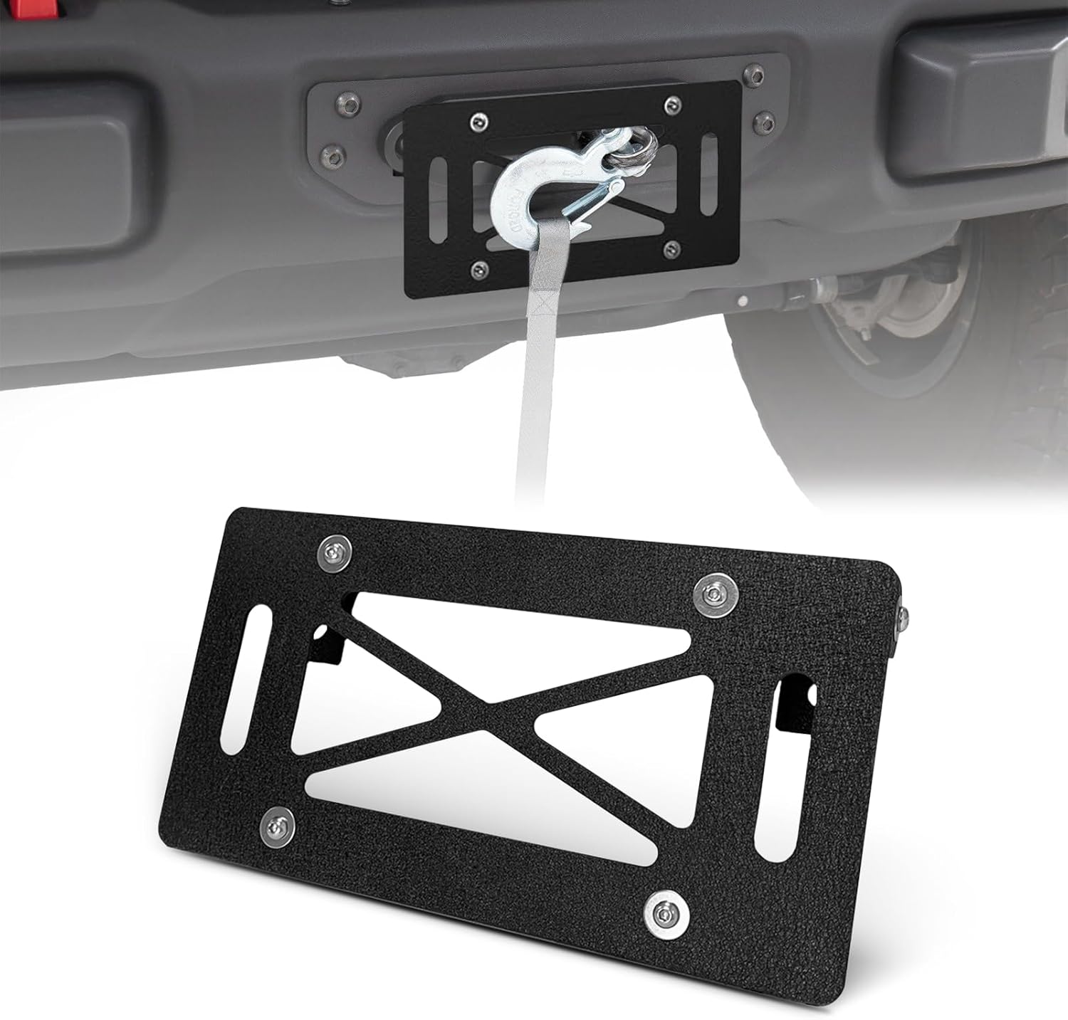 Flip-Up Winch License Plate Frame Compatible with 10" Hawse Fairlead, Universal Front License Bracket Holder Relocation, Bumper Winch Mount Roller, Fit for Most Pickup Trucks Off-Road Cars SUVs
