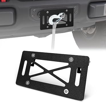 Flip-Up Universal Winch License Plate Frame Compatible with 10" Hawse Fairlead, Front License Bracket Holder Relocation, Bumper Winch Mount Roller, Fit for Most Off-Road Cars Pickup Trucks SUVs