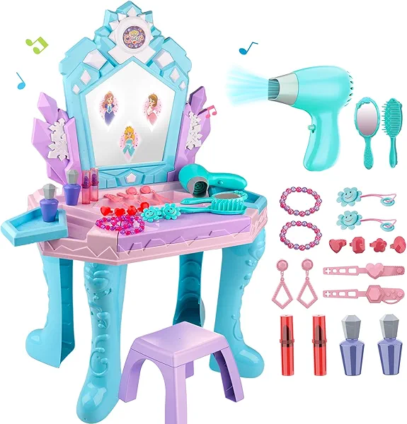 Toddler Vanity Magic Makeup Table and Chair Set Girl Toys Mirror with Music Light Frozen Toys for 1 2 3 4 Year Old Girls Hair Salon Pretend Play Princess Dress Up Playset Gifts Kids Toddler 1-3