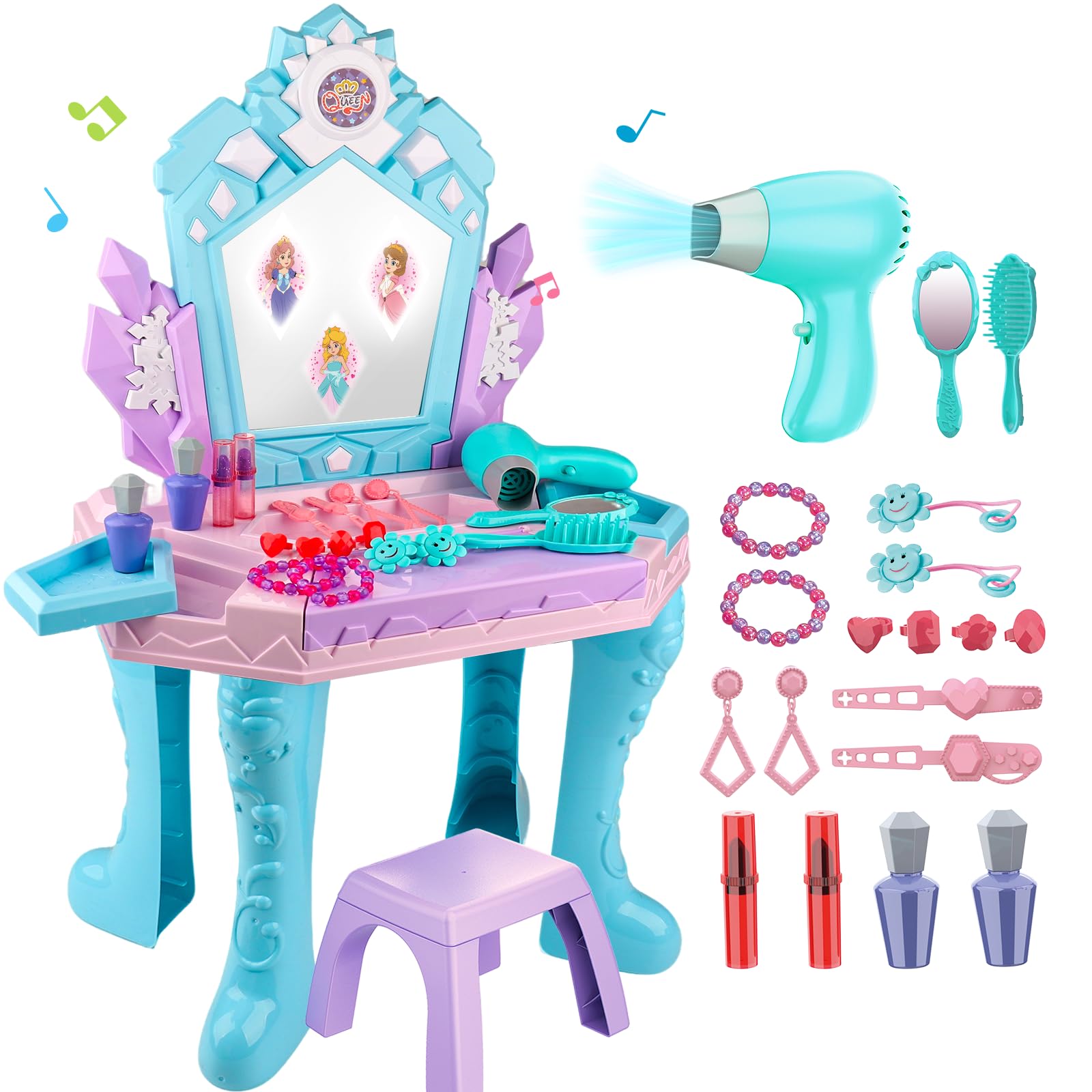 Kids Vanity Magic Makeup Table and Chair Set Girl Toys Mirror with Music Light Frozen Toys for 2 3 4 5 6 Year Old Girls Hair Salon Pretend Play Princess Dress Up Playset Gift Toddler 1-3 3-5