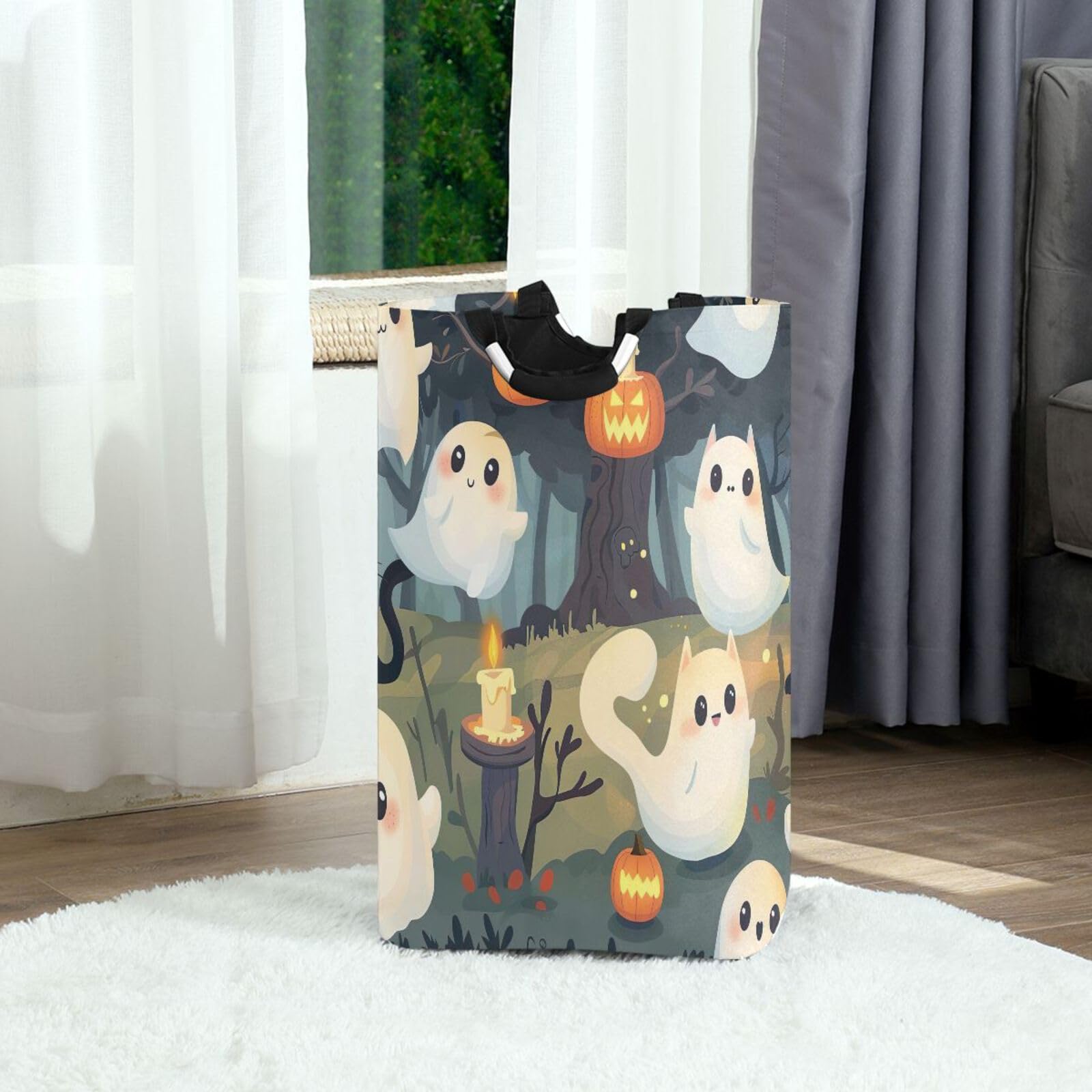 Jihqo Laundry Hamper Basket Halloween Ghost Collapsible Nursery Storage Bin Waterproof Clothing Baskets for Home Bedroom Bathroom Washing Room