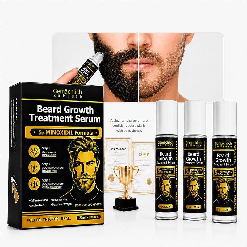 Sérum em óleo para barba com aplicador roll-on, Minoxidil 5%, Gemächlich Zu Hause — Pacote com 3 frascos de 20 mL