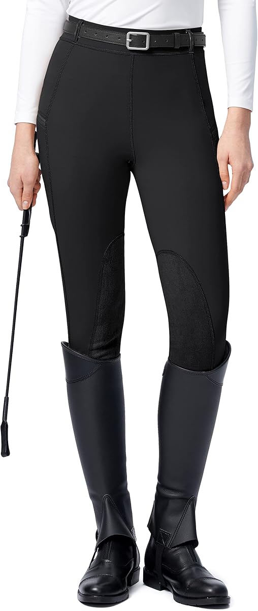 SANTINY Knee-Patch Horse Riding Pants | Zipper Pockets, Belt Loops, High Rise, Stretchy, Lightweight, Schooling, Equestrian, Breeches for Women