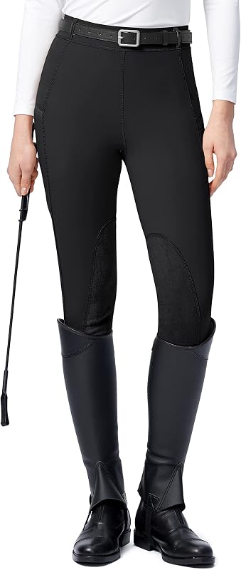 SANTINY Knee-Patch Horse Riding Pants | Zipper Pockets, Belt Loops, High Rise, Stretchy, Lightweight, Schooling, Equestrian, Breeches for Women