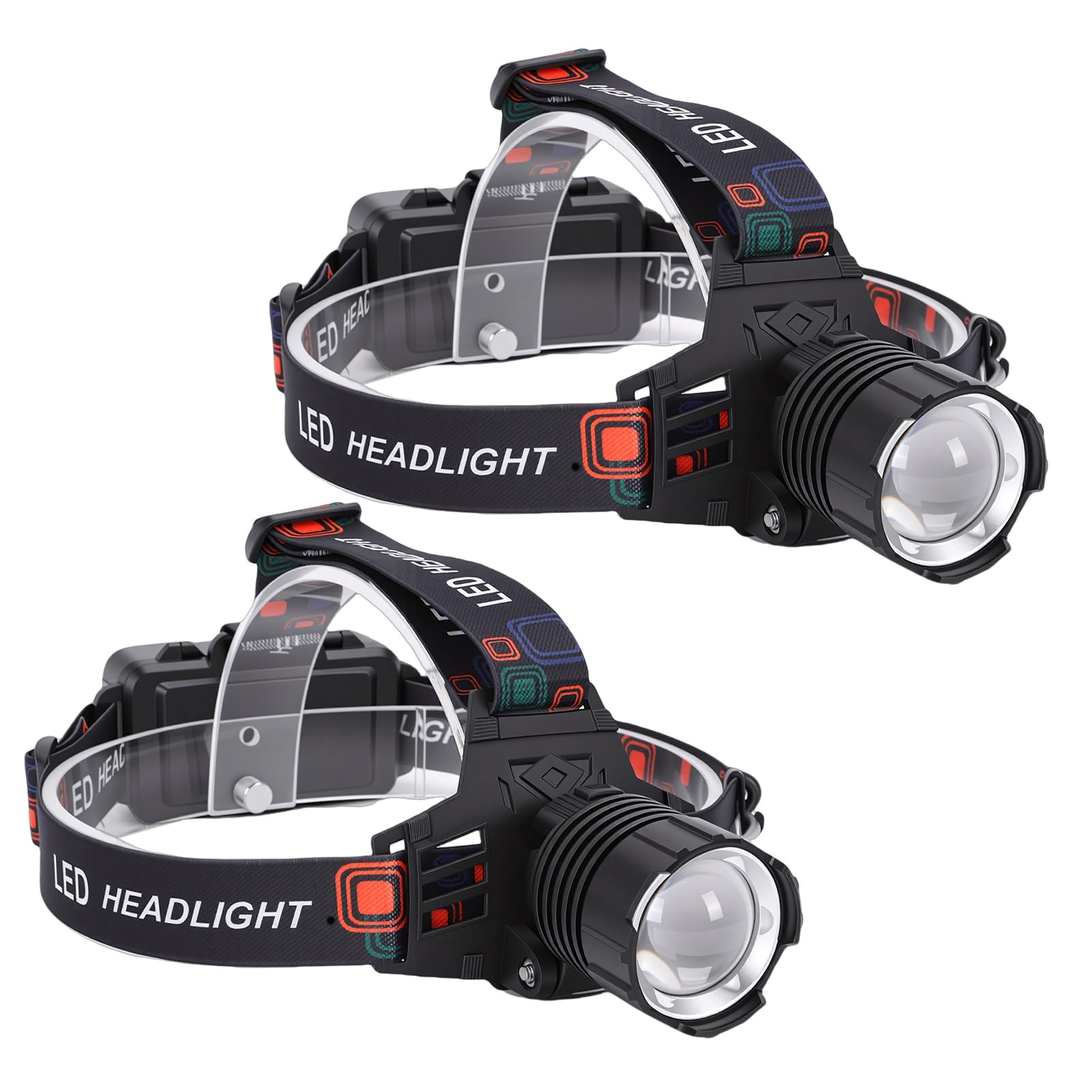 Lampada Frontale Regolabile per Arrampicata, Pesca Notturna, Campeggio, Escursionismo, Lega di Alluminio e ABS, Ricaricabile Tramite USB Tipo C, (Lampada frontale 2 pezzi + set di 8 fibbie