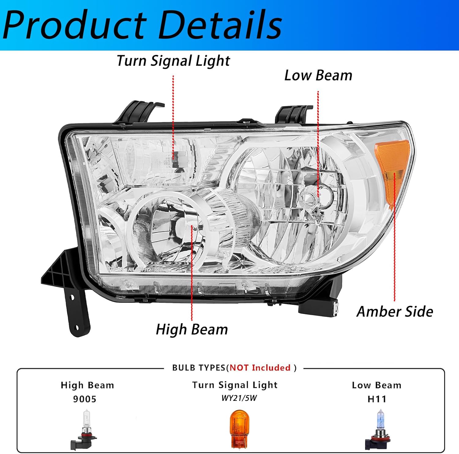 Headlight Assembly Pair for 2007-2013 Toyota Tundra (with/without Level Adjuster)/2008-2017 Toyota Sequoia Headlamps Head Lights Replacement Driver and Passenger Side,Chrome Housing Amber Reflector