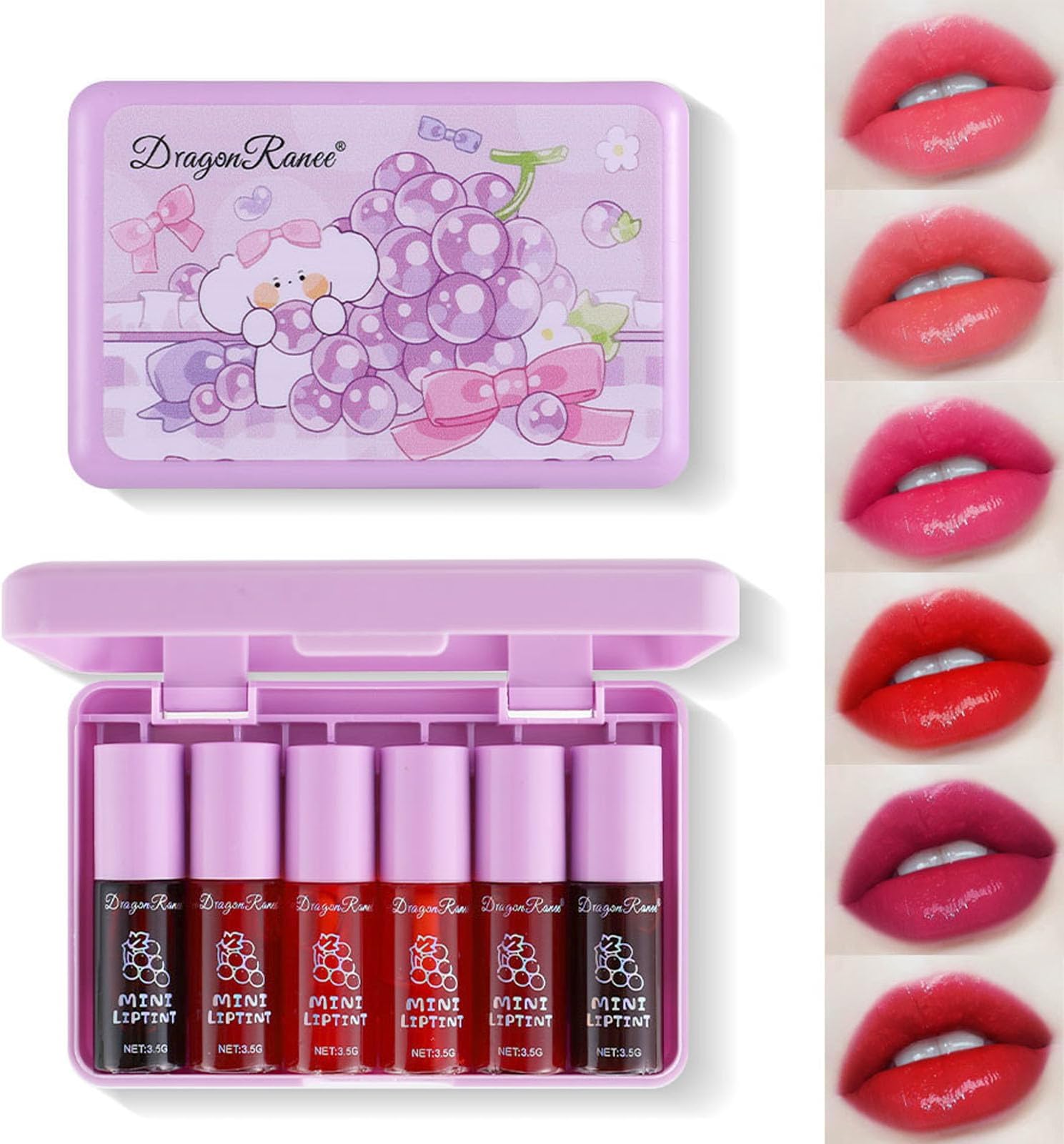 6 Colours Lip Tint Stain Set Mini Liquid Lipstick Moisturising Lip Stain Hydrating Lip Gloss Long Lasting Liquid Glaze Make Up Waterproof Lightweight Natural