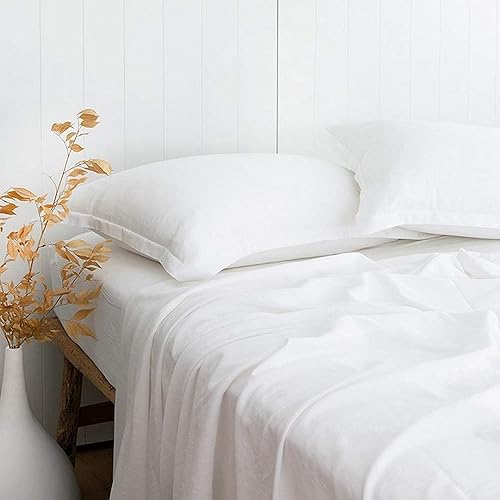 PANDATEX White Linen-Textured Bed Sheets Set, Bamboo Rayon, Cotton, Linen