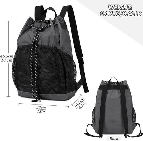 Miniatura 2 de Lohol Mochila ligera de nailon con cordón y bolsillos de malla, bolsa de cuerda resistente al agua para deportes, playa, natación, campamento, Gris