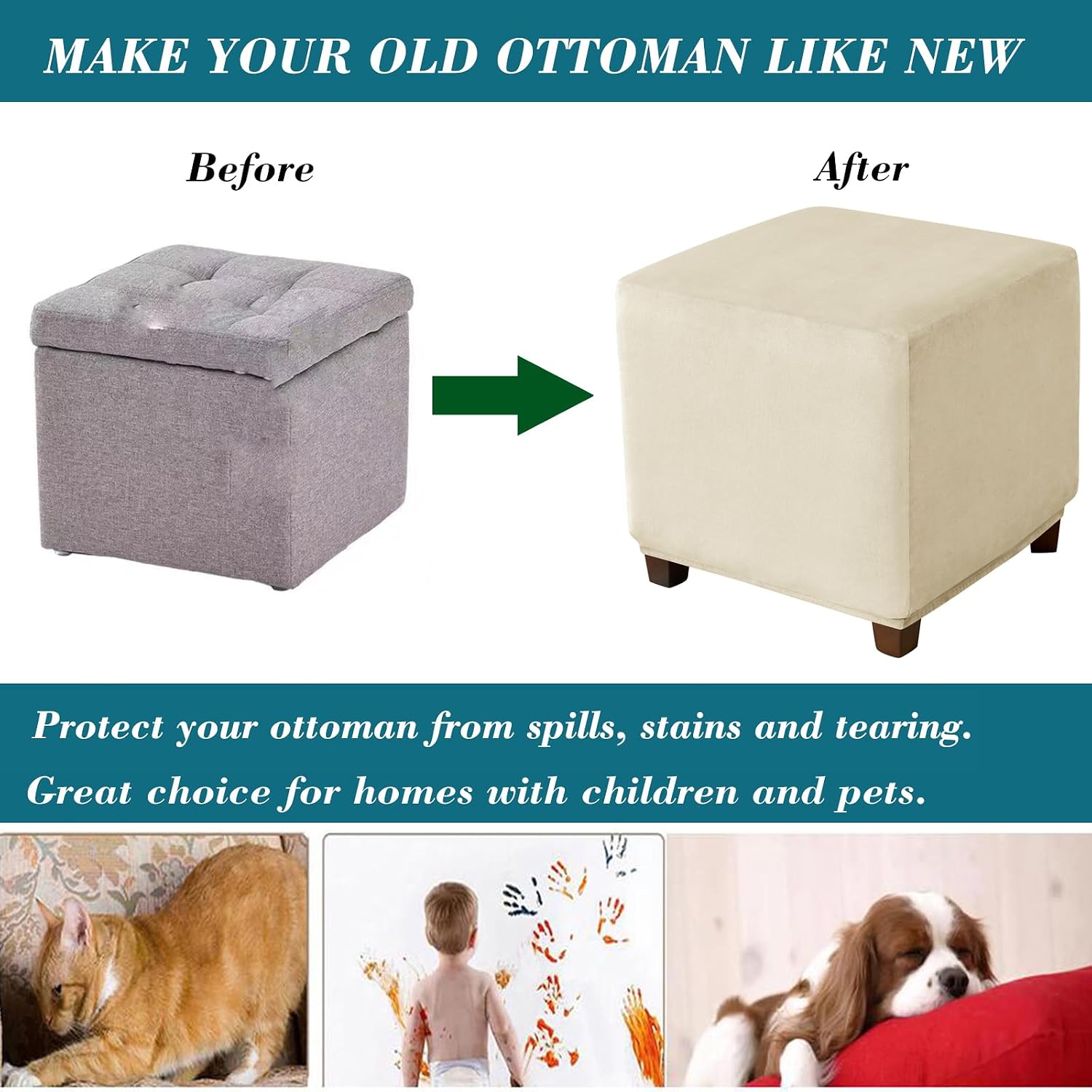 HFCNMY Ottoman Cover Square,Stretch Velvet Square Thick Slipcover Washable Storage Foot Stool with Elastic Bottom Beige Small 20230624XZFXDT-13