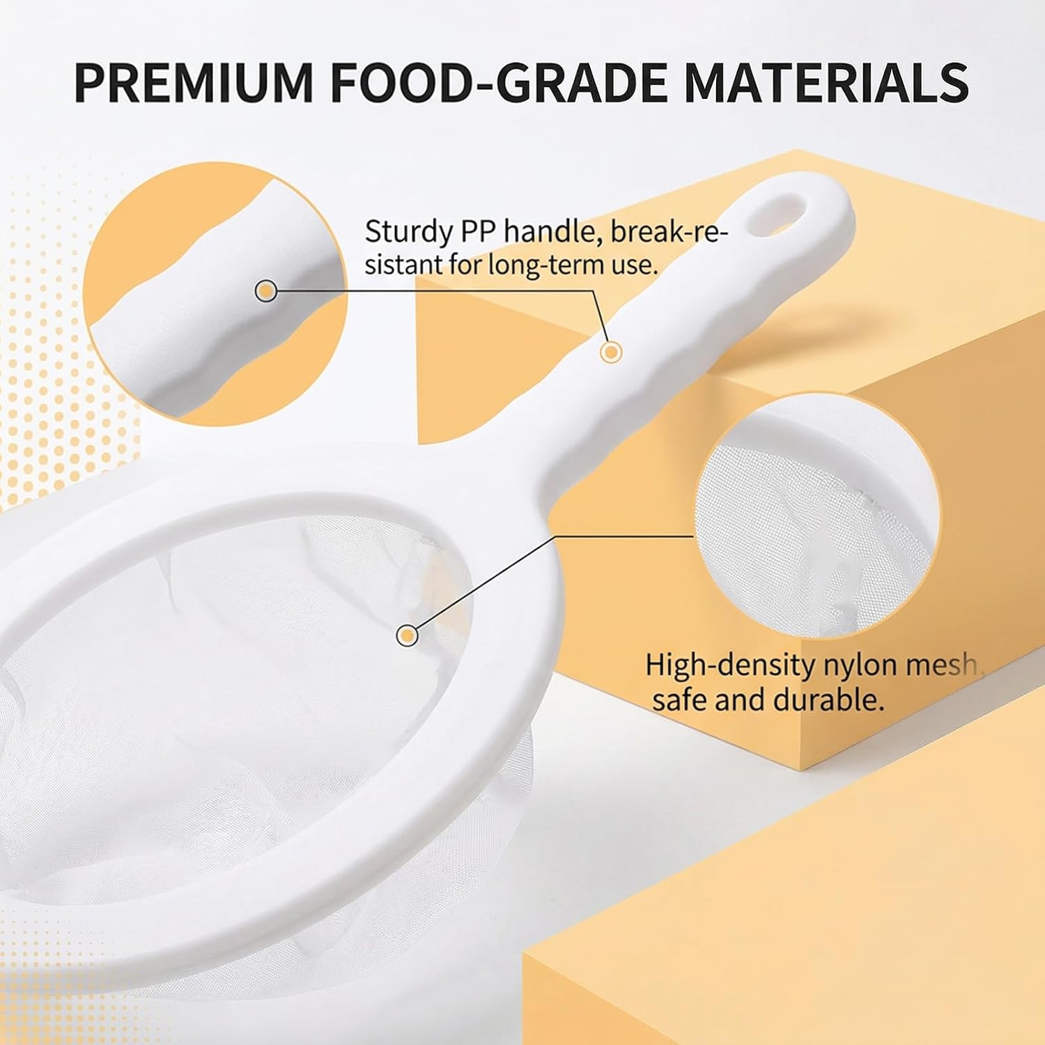 Plastic Fine Mesh Sieve with Handle, 2 PCS Ultra-Fine Nylon Mesh Strainer for Juicing Kitchen Filter Tool Separation Net for Juice, Soy Milk, Coffee, Yogurt, Tea Leaf Filter, Honey, Wine (200 mesh)