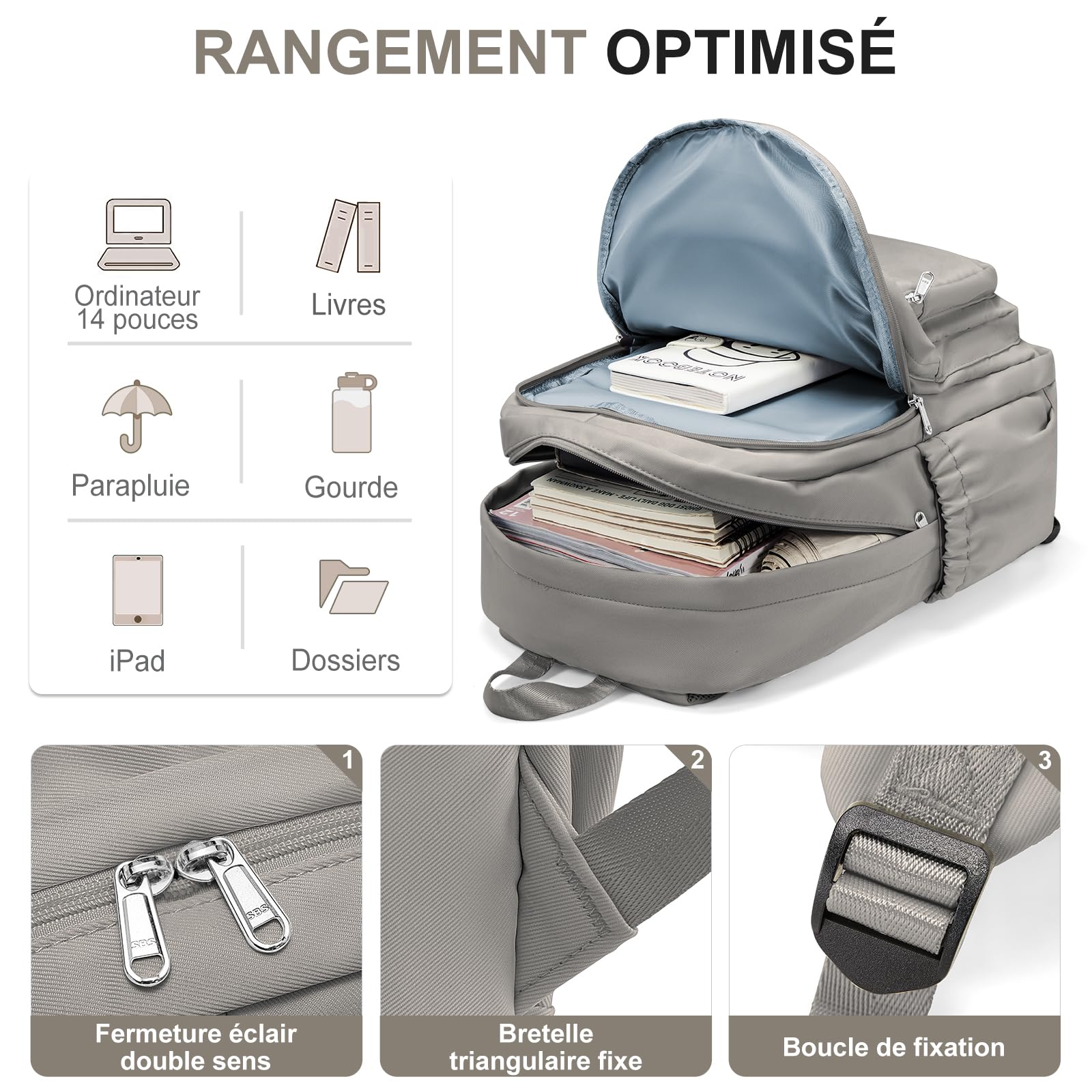 Sac Scolaire Cartable pour Fille Garcon, Sac à Dos Lycee Multi-poches Scolaire Sac avec Compartiment Ordinateur, Cartables Scolaires Imperméable et Léger pour L'école(Gris)