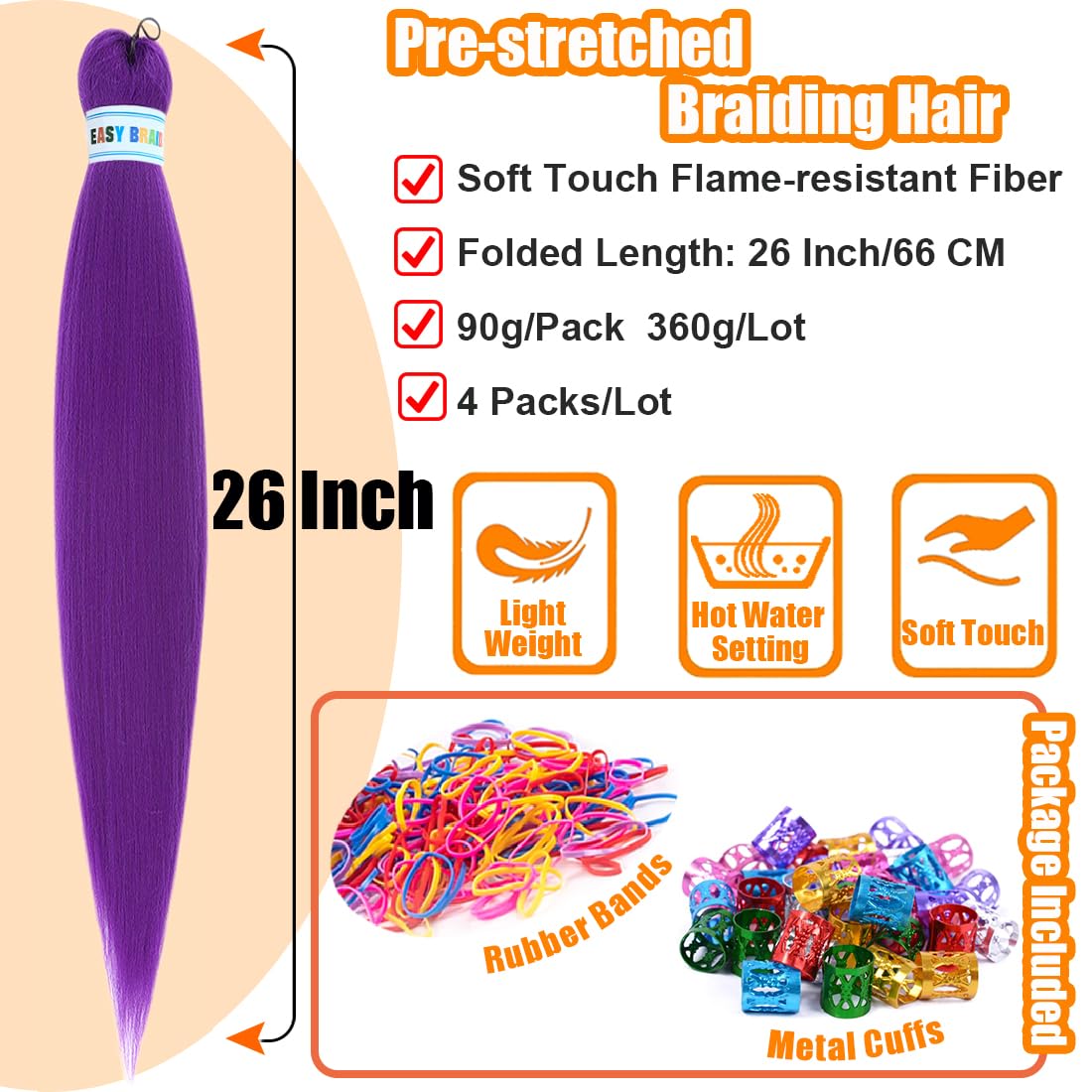 Dark Purple Braiding Hair Pre-stretched Yaik Straight 4 Packs/Lot Long Purple Hair Extensions Crochet Braids for Girls Women 90g/Pack 26 Inch