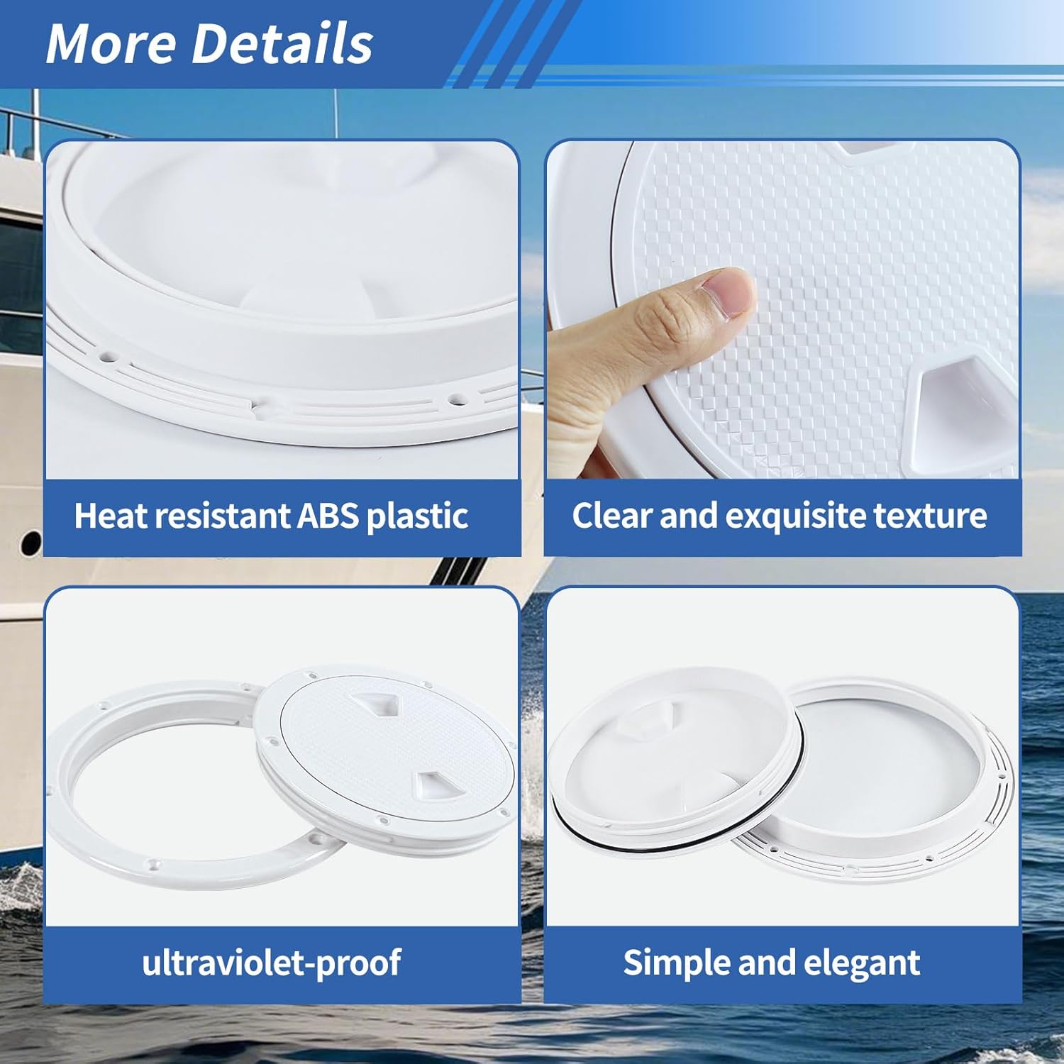 Detailed features of the Hoffen hatch including heat resistant ABS plastic, clear texture, UV-proof, and simple elegant design.