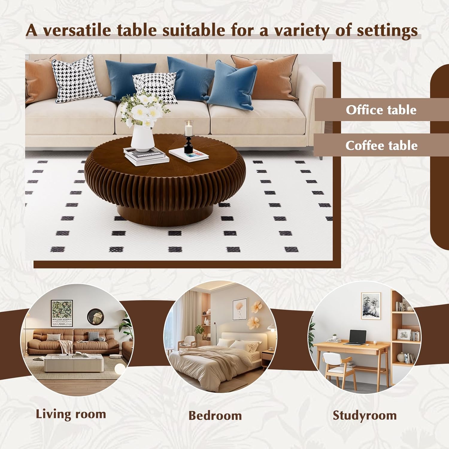 Round Drum Coffee Table Modern Unique Circle Drum Coffee Tables Mid Century Coffee Table with Sturdy Pedestal Fluted Tea Table for Living Room Office Small Space (31.5in Walnut)