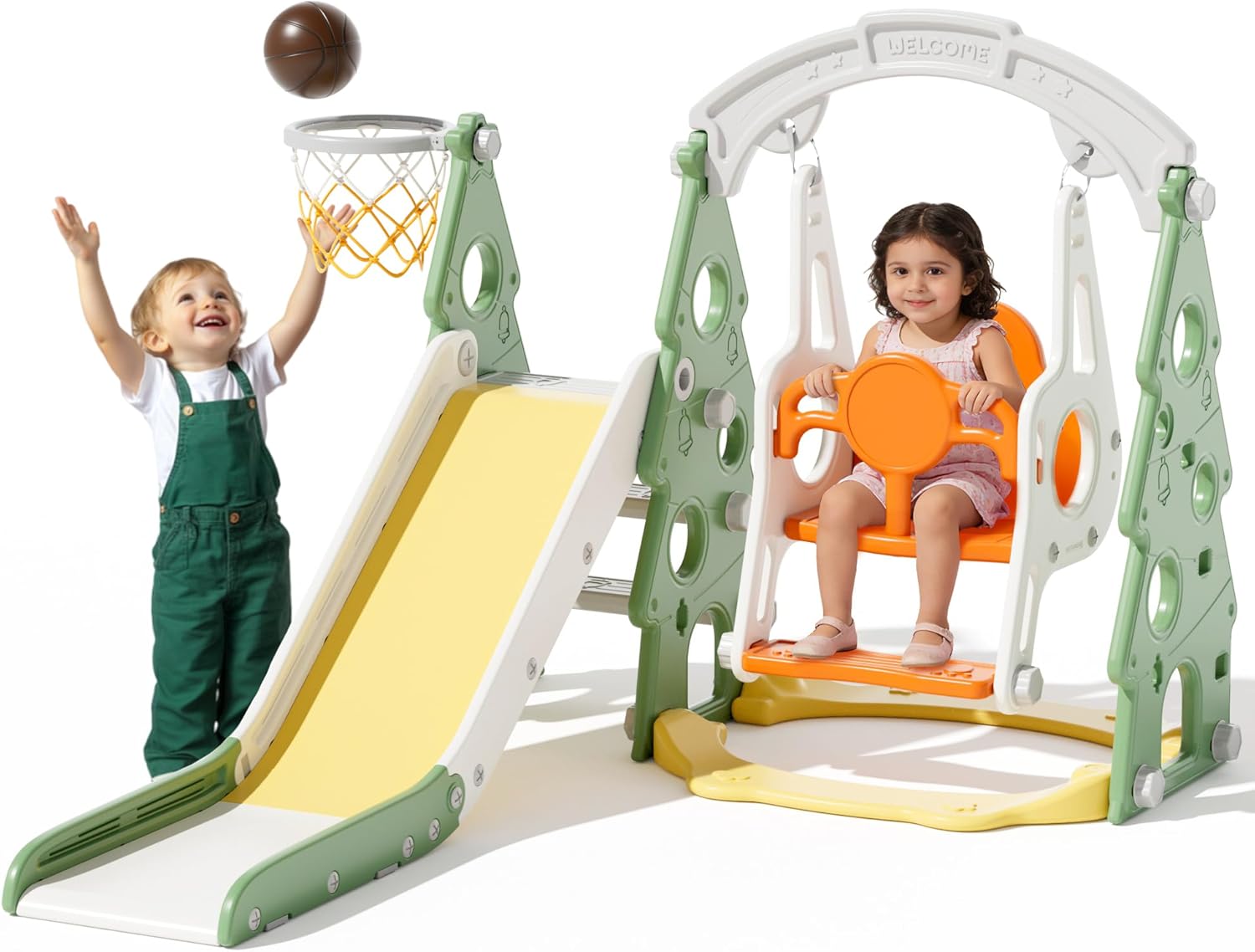 KORIMEFA 4-in-1 Kids Slide and Swing Set, Toddler Slide with Basketball Hoop, Swing, Outdoor Indoor Playground for Toddlers 1-3 Pine Shape Design(4 in 1-Green)