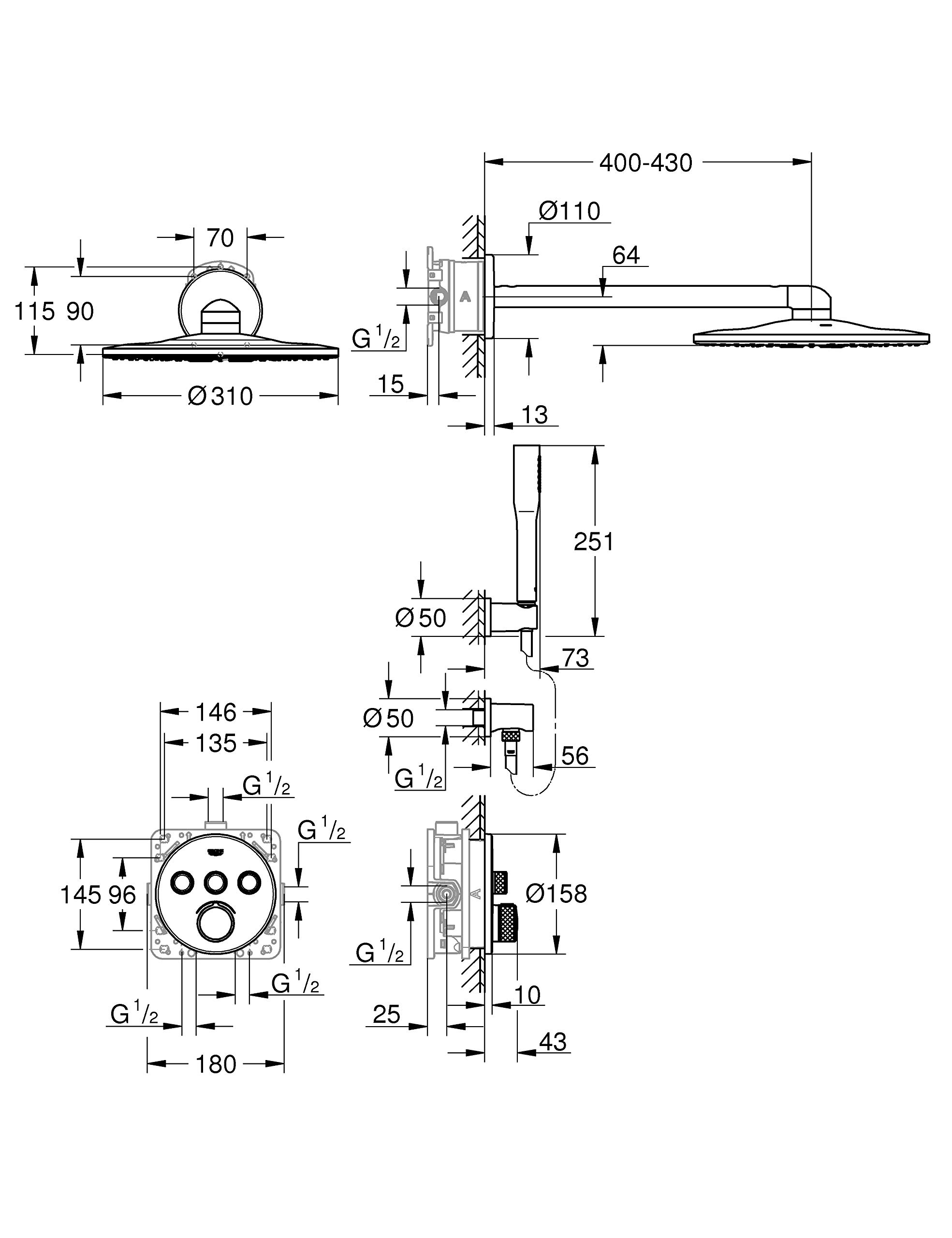 GROHE SmartControl Mixer – system prysznicowy z mieszaczem i deszczownicą (mikser podtynkowy z 3 zaworami odcinającymi, zestaw gotowy do montażu, łuk przyłączeniowy ścienny), okrągły, chrom, 34709000