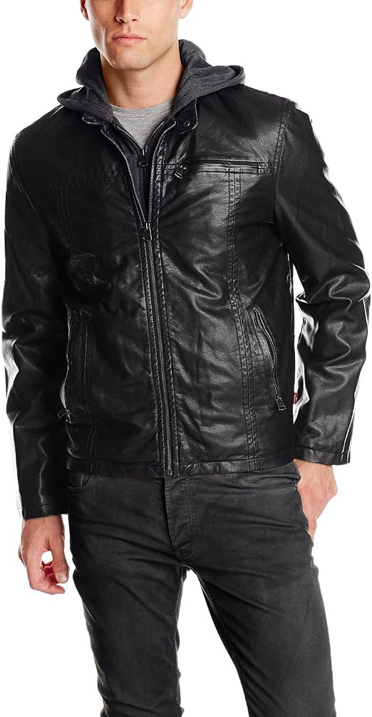Faux Leather Hooded Racer Jacket 