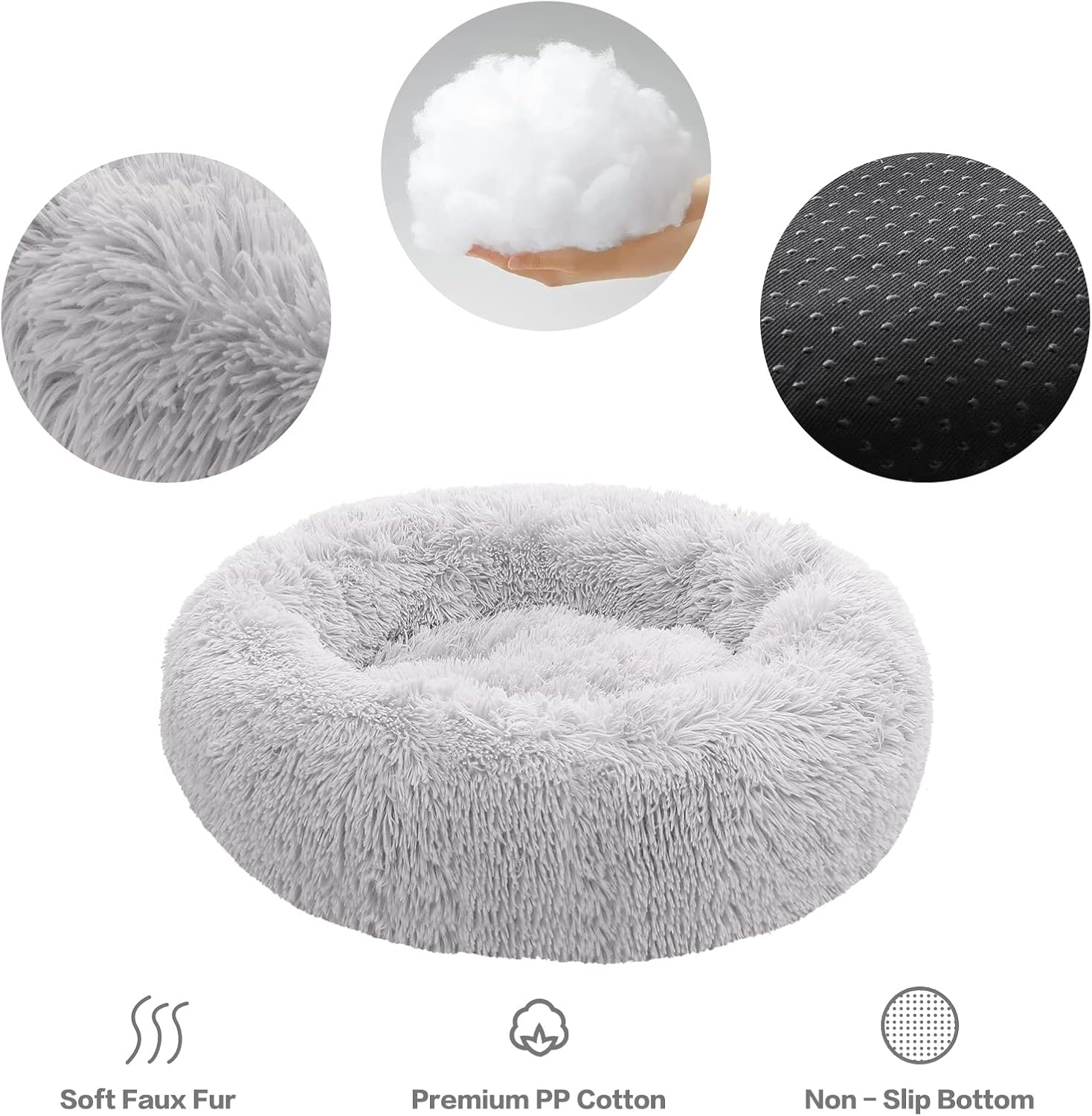 noyal calming dog bed donut anti anxiety fluffy dog bed for small medium dog and cat large 27.5'' light gray