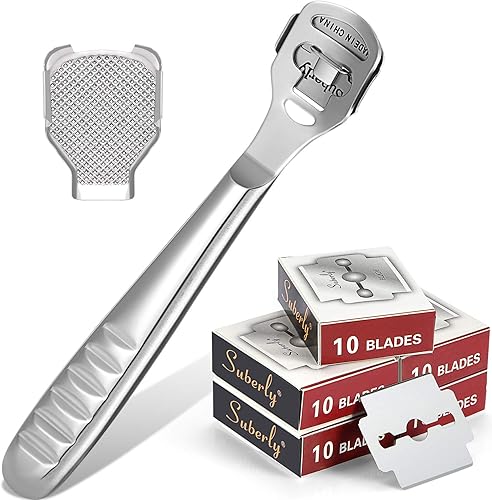 Juego de 52 piezas de afeitadora de callo, 50 cuchillas de repuesto, 1 afeitadora de callos de acero inoxidable y 1 cabezal de lima de pie,