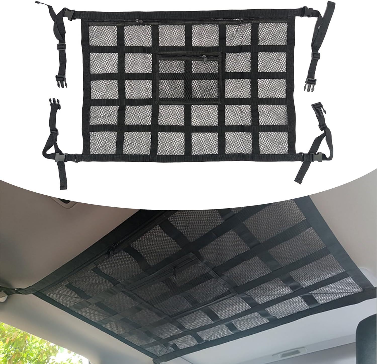 yvshy Pack-1 Car Roof 31.5" x 21.3" Storage Mesh Bag, Double-Layer Mesh Reinforced Load-Bearing Bag to Avoid Sagging, Long-Distance Travel Organizer for Toy Quilts Sundries, Universal for Car (Black)