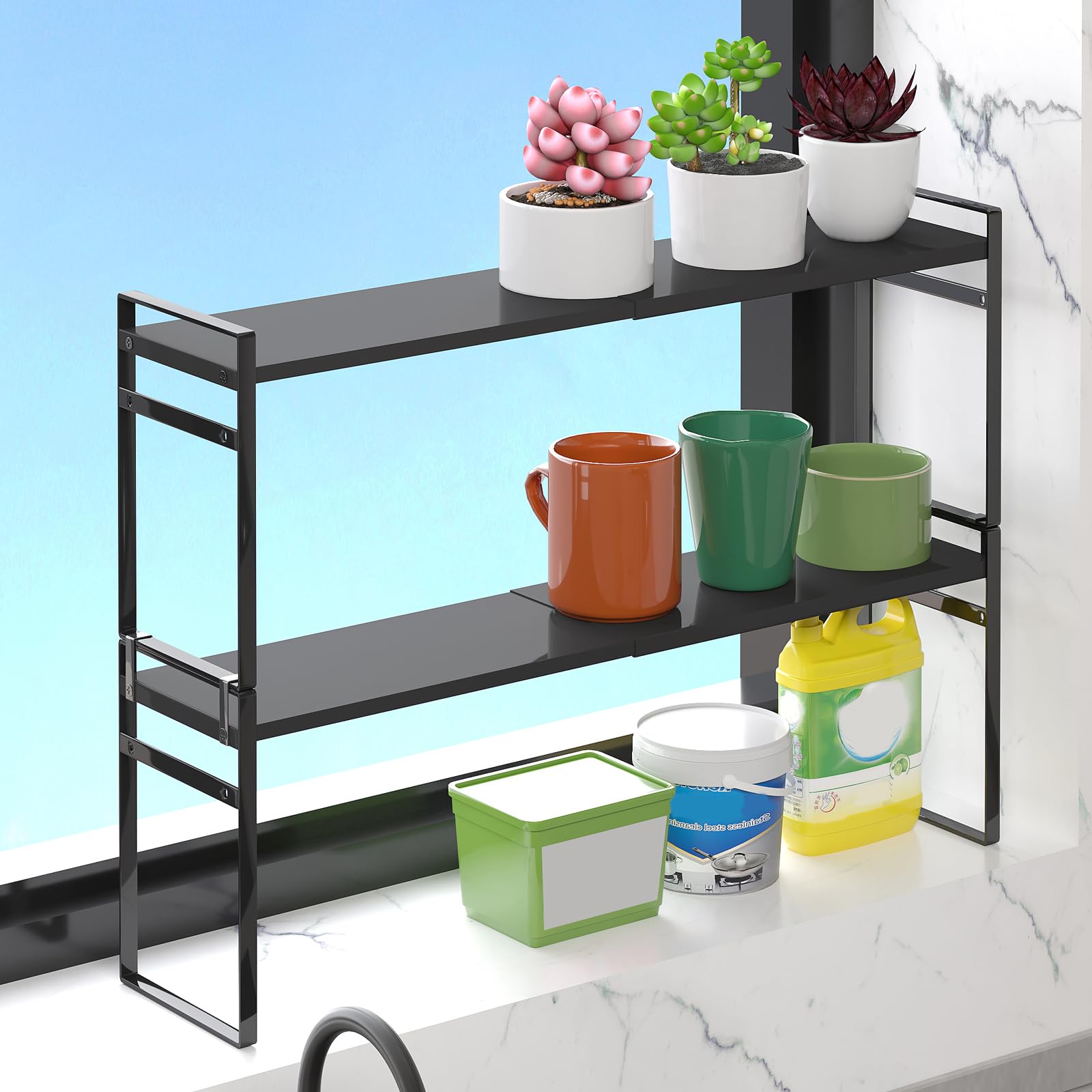 2 Pack Kitchen Cupboard Organiser, Expandable Spice Rack with Non-Slip Mat, Adjustable Height, Perfect for cabinets, countertops, and other narrow or hard-to-reach areas (Black, 35-60L x 9W x 37H cm)