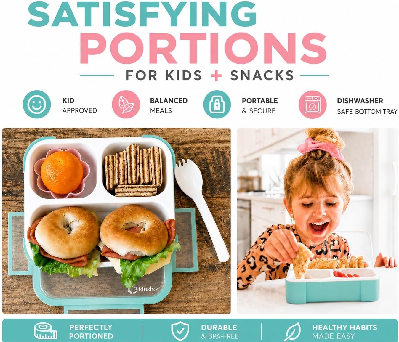 kinsho Medium Bento Box for Kids Toddlers, Lunch-Box for Boys Or Girls, Leakproof 3 Compartment Containers for Meal for Snack at Daycare School Travel, BPA Free, 2 Pack Pastel Teal + Pink