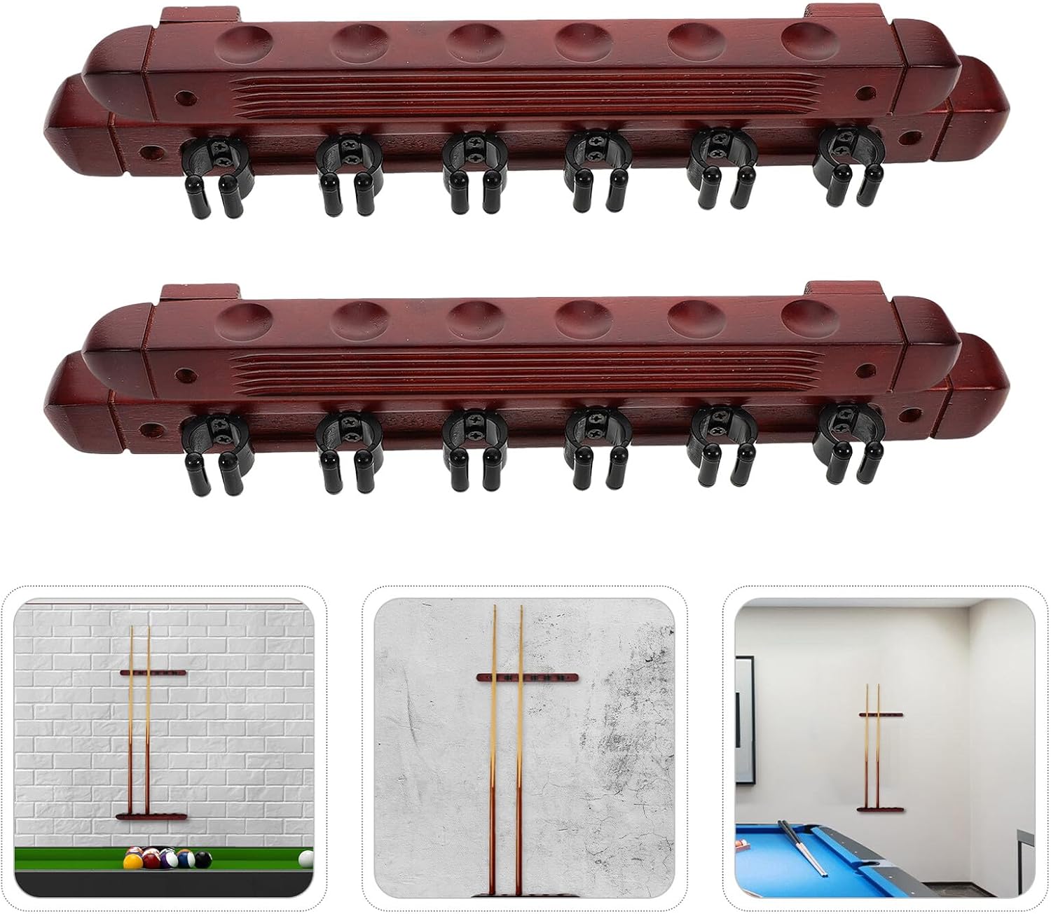 VANZACK 2 Sets Wall Mounted Wooden Billiard Cue Rack Pool Stick Holder Organizer with Burgundy Finish for Game Bars Clubs Snooker Cue Storage