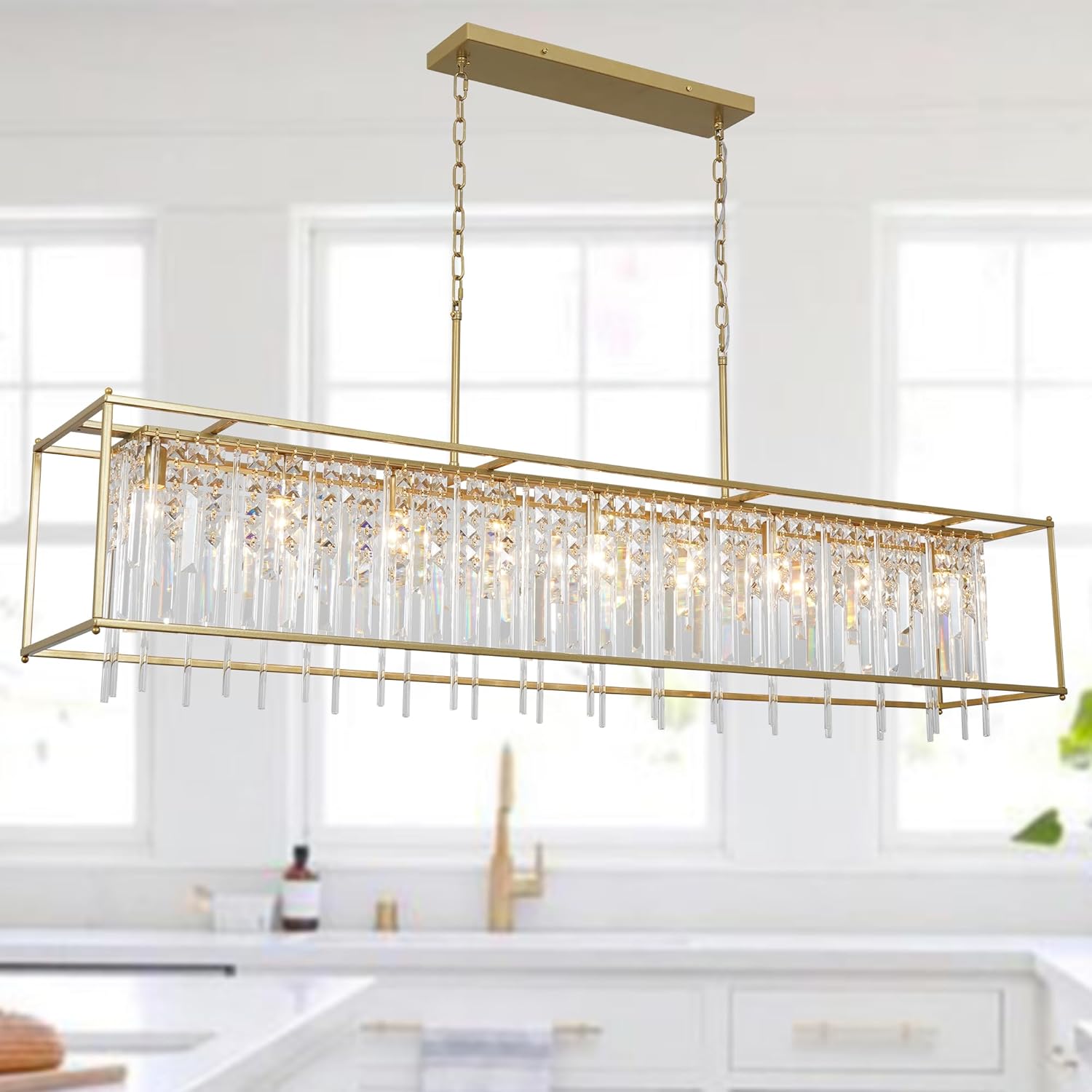 Modern Rectangular Crystal Chandelier Farmhouse Industrial Pendant Lights Fixture Rectangle Dimmable Hanging Lights for Kitchen Island Entryway 39 Inch 5-Lights Gold