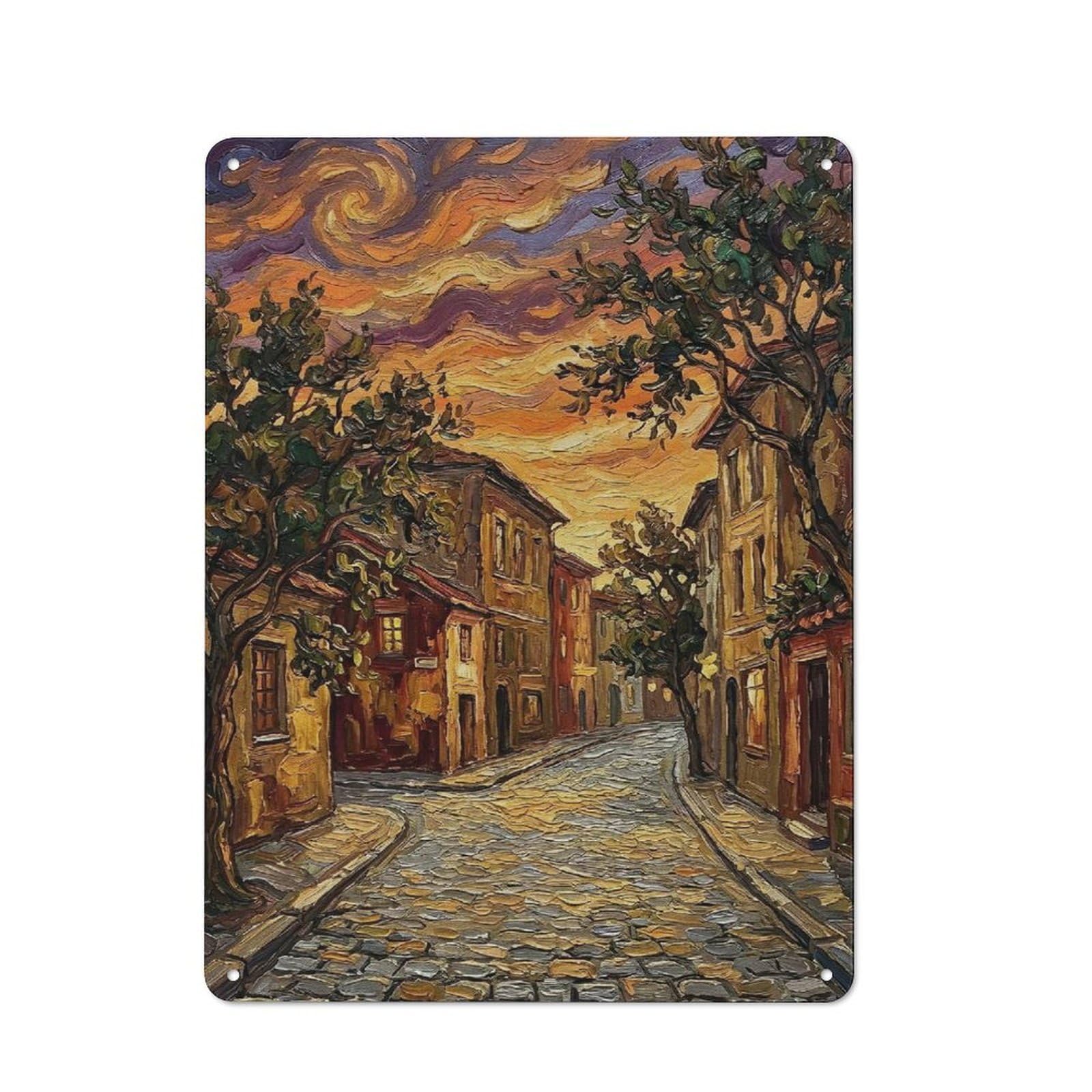 Junmoney Style-7 Tin Sign 40X30cm With Impressionist Street Scene At Sunset For Hallway Wall, Rustic Decor, For Vintage Wall Decor Fans, For Garage And Workshop Walls