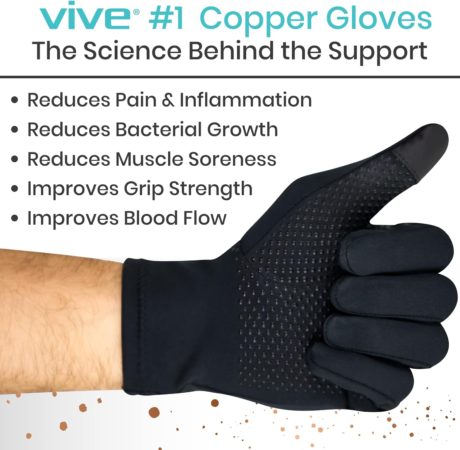 Vive Copper Arthritis Gloves - Full Hand Compression Touchscreen Finger - For Carpal Tunnel, Rheumatoid, Joint Pain, Infammation - Flexible Wrist and Thumb Pressure Relief for Typing - For Men, Women