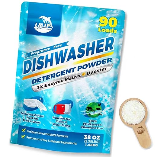 Dishwasher Detergent + Booster - 90 Loads, Plastic Free & Natural Cleaner Concentrated Dish Soap with Enzymes - Cuts Grease & Grime, No Residue - Dishwasher Pods Alternative, Truly Fragrance-Free