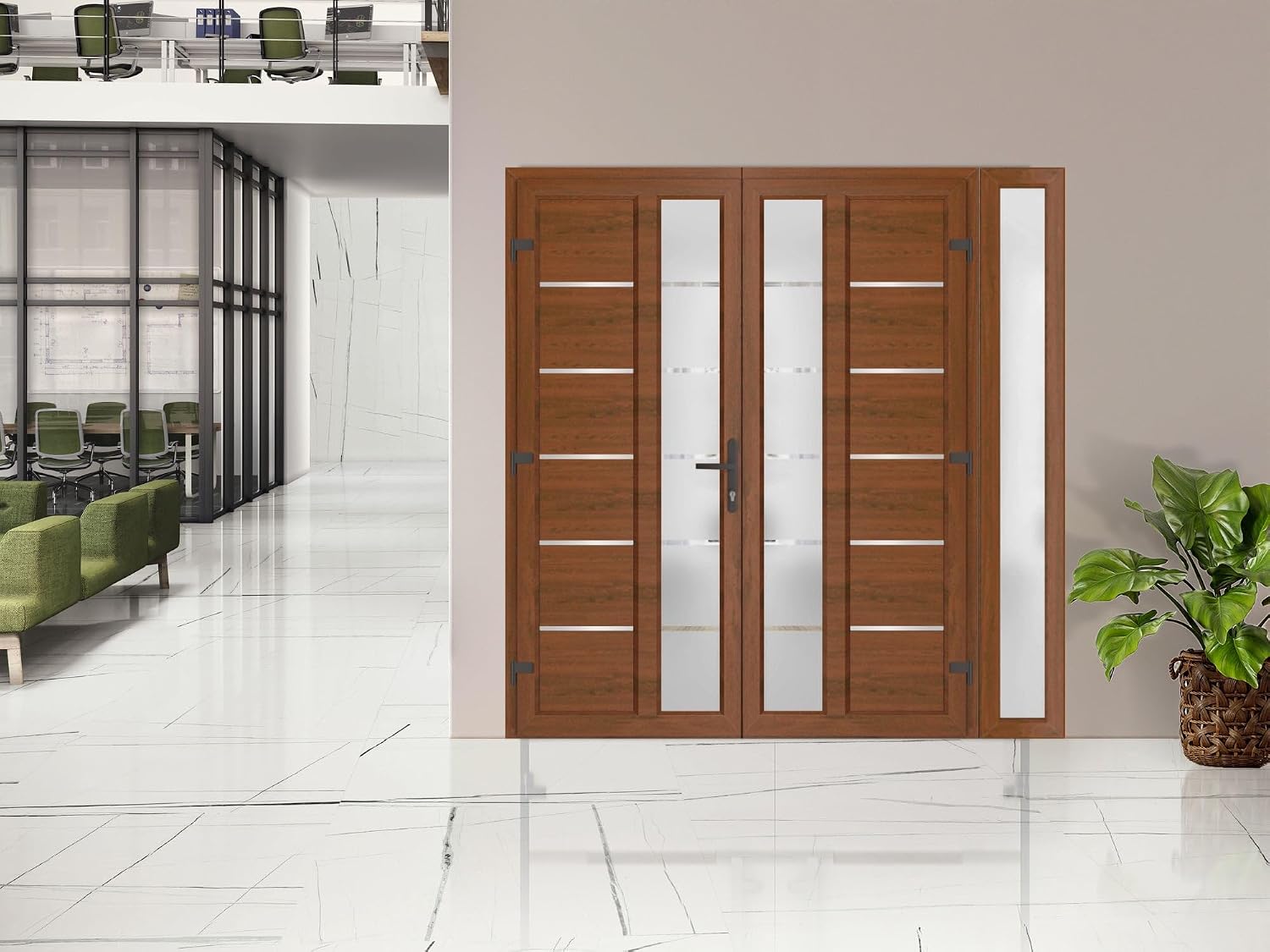 VDOMDOORS Front Exterior Prehung Metal-Plastic Double Doors/MANUX 8088 Walnut/Sidelite Exterior Window/Residential Doors Entrance Patio Garage 88 x 80
