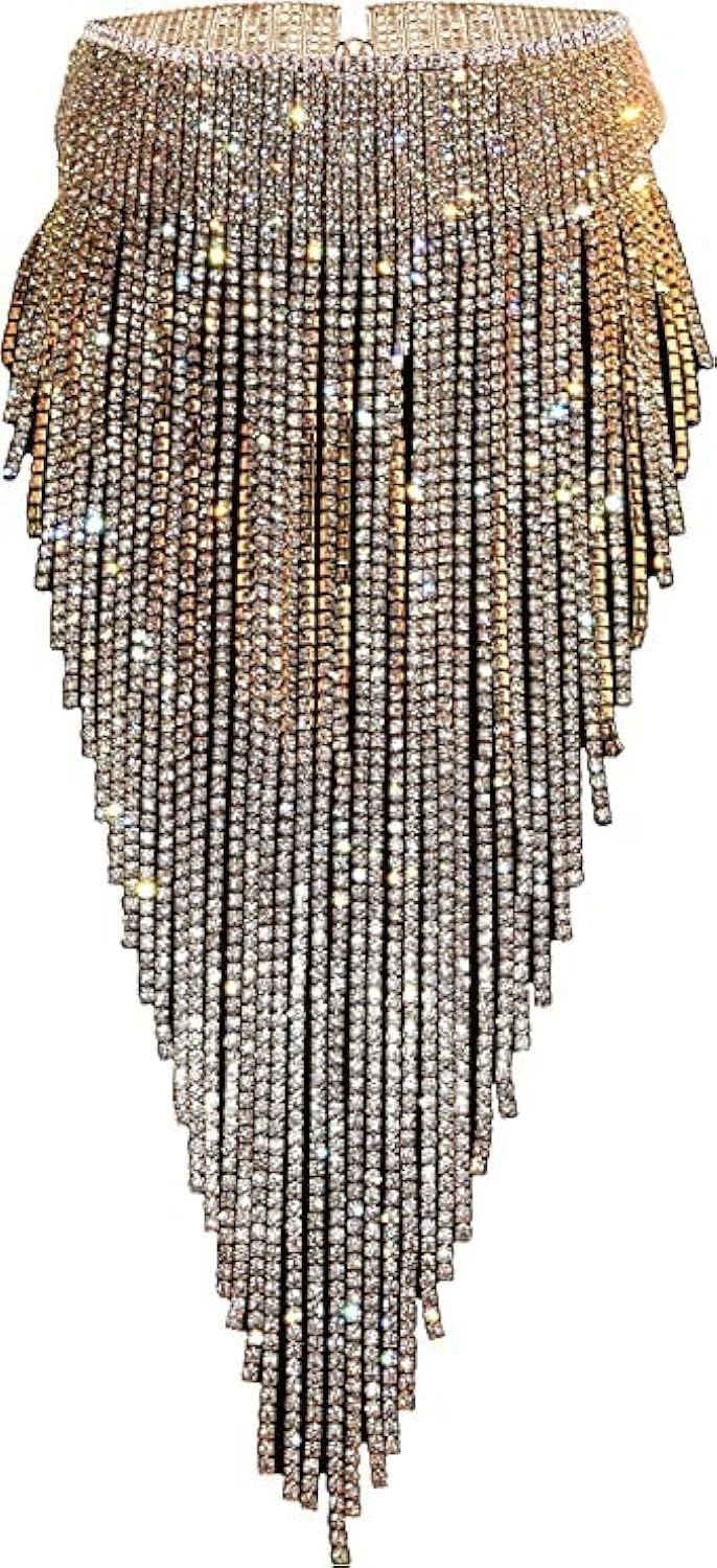 Sexy Rhinestone Bib Choker Necklace Women Statement Necklace Long Chain Necklace，Gold