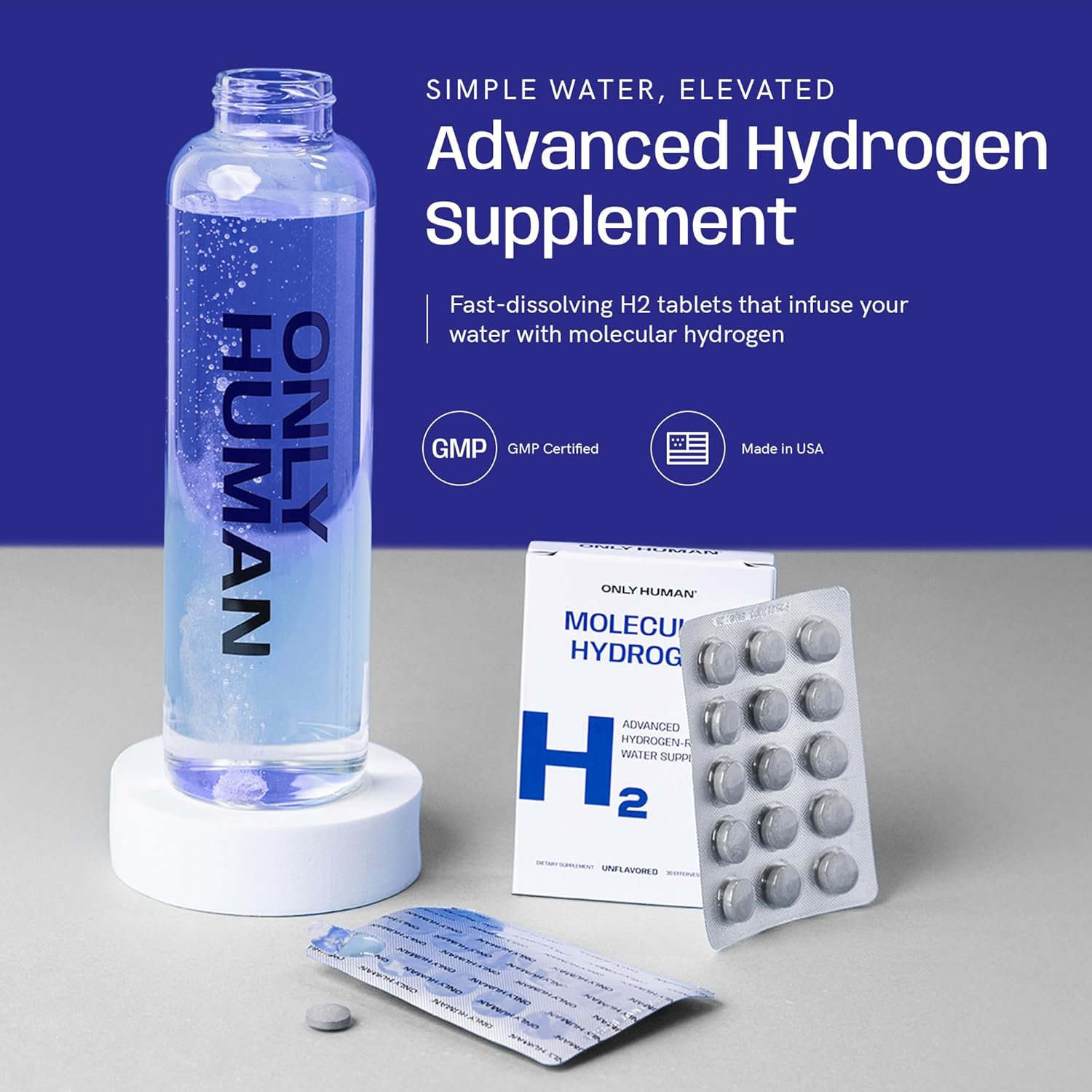 H2 Molecular Hydrogen Water Tablets with Magnesium | 12PPM Hydrogen Tablets for Drinking Water | Unflavored Dietary Supplement | Gluten, Sugar & Soy Free | Made in The USA | 30 Tabs | Only Human
