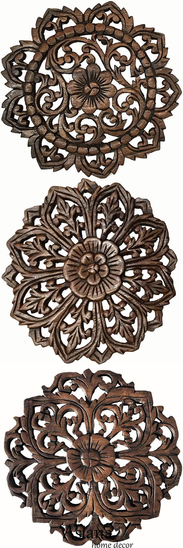 Asiana Home Decor Set of 3 Round Floral Teak Wood Wall Plaque. Living Room,Dinnin Room Art PanelSize12 x12 Brown