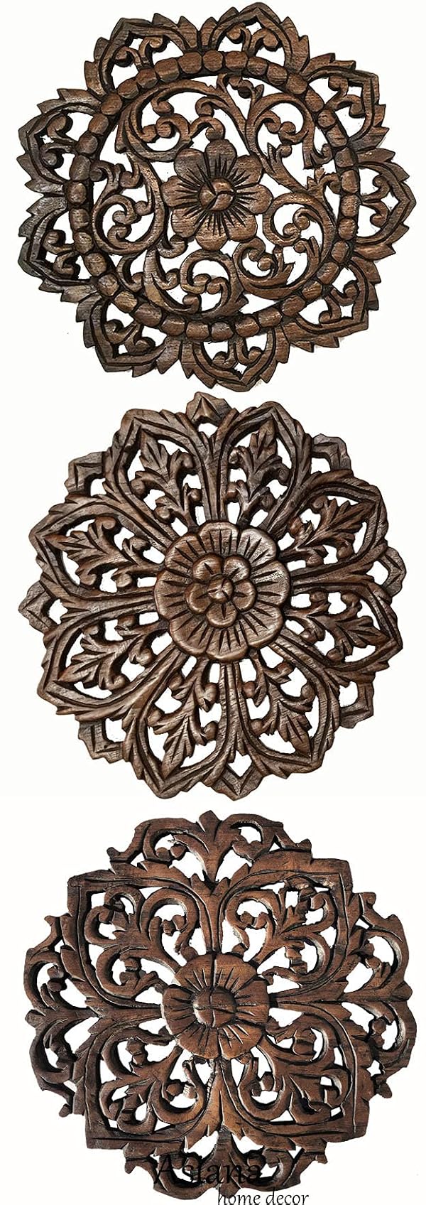 Asiana Home Decor Set of 3 Round Floral Teak Wood Wall Plaque. Living Room,Dinnin Room Art PanelSize12 x12 Brown by Asiana Home Decor - Used condition - US$50.14