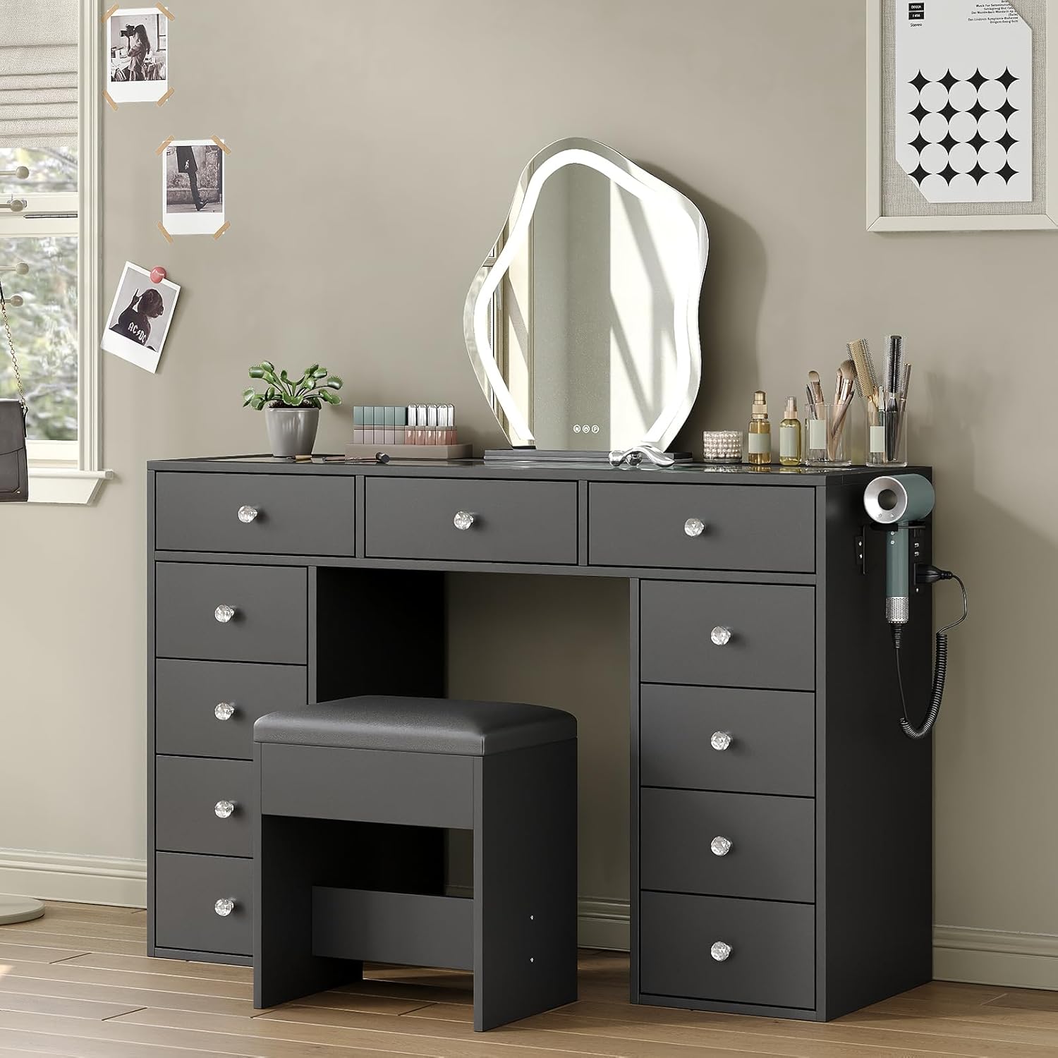 Yanosaku 47" Vanity Desk Without Mirror, Glass Top Makeup Vanity with 11 Drawers & Charging Station, Modern Vanity with Chair, Outlets & USB Ports for Bedroom, Dressing Room, Black
