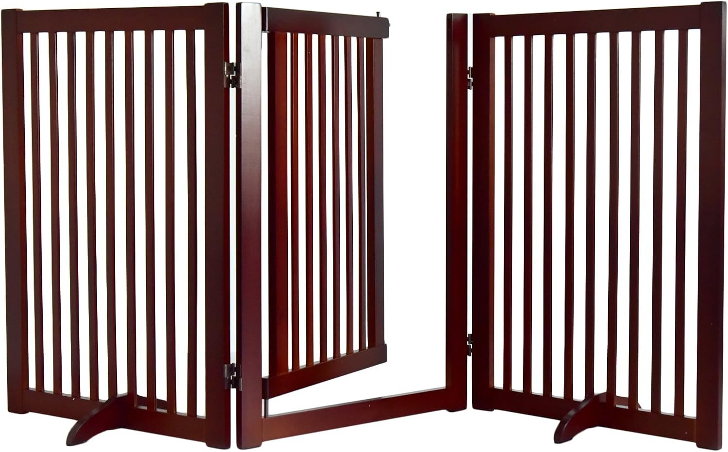 WELLAND Freestanding Wood Pet Gate with Walk Through Door Cherry, 66-Inch Width, 32-Inch Height (Set of Support Feet Included)